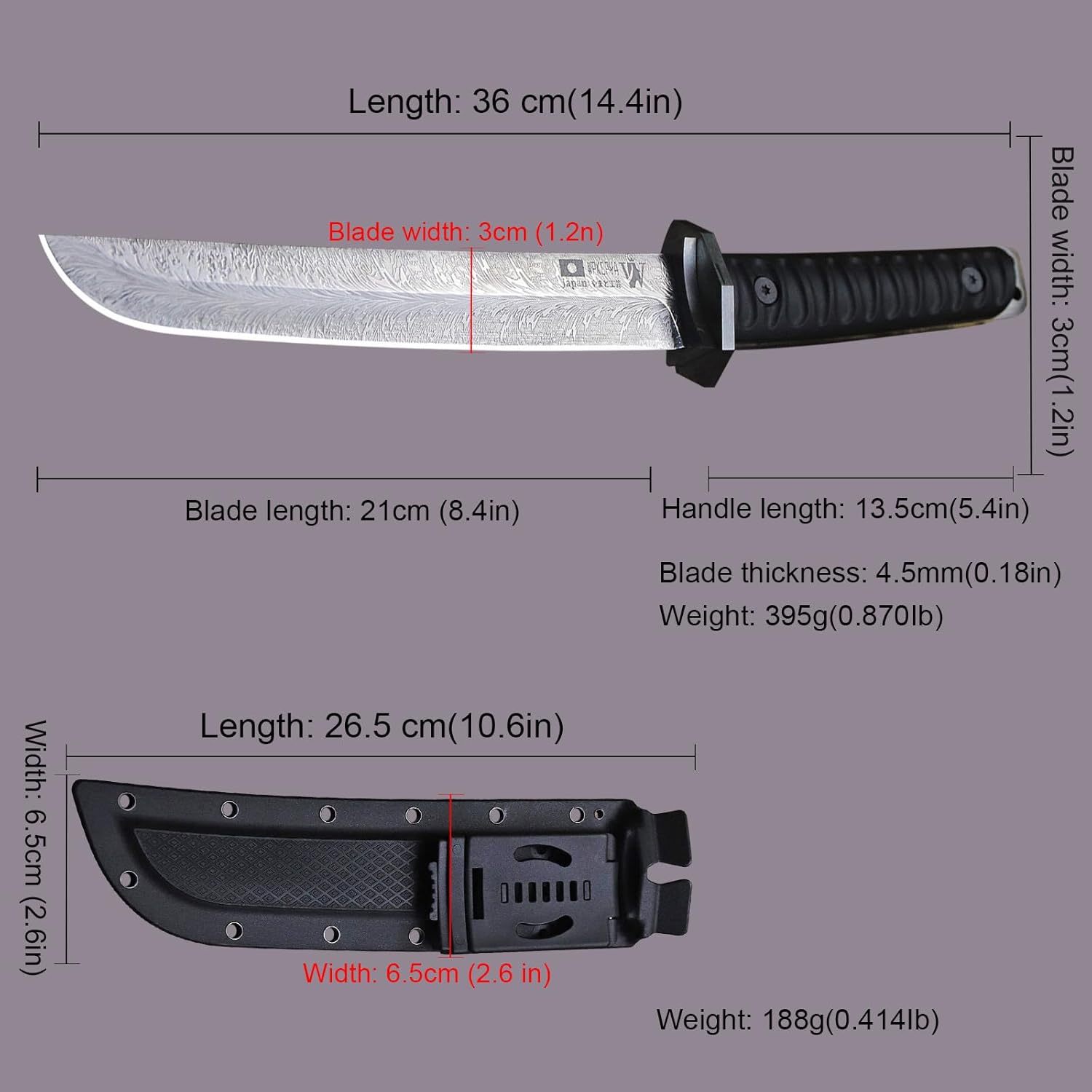 WPKOPYA japans Fixed Blade Hunting Knife 14.4” Full Tang AUS-10 Steel, Samurai Style Tactical Bowie Knife,For outdoor survival, fishing, rescue, travel, EDC