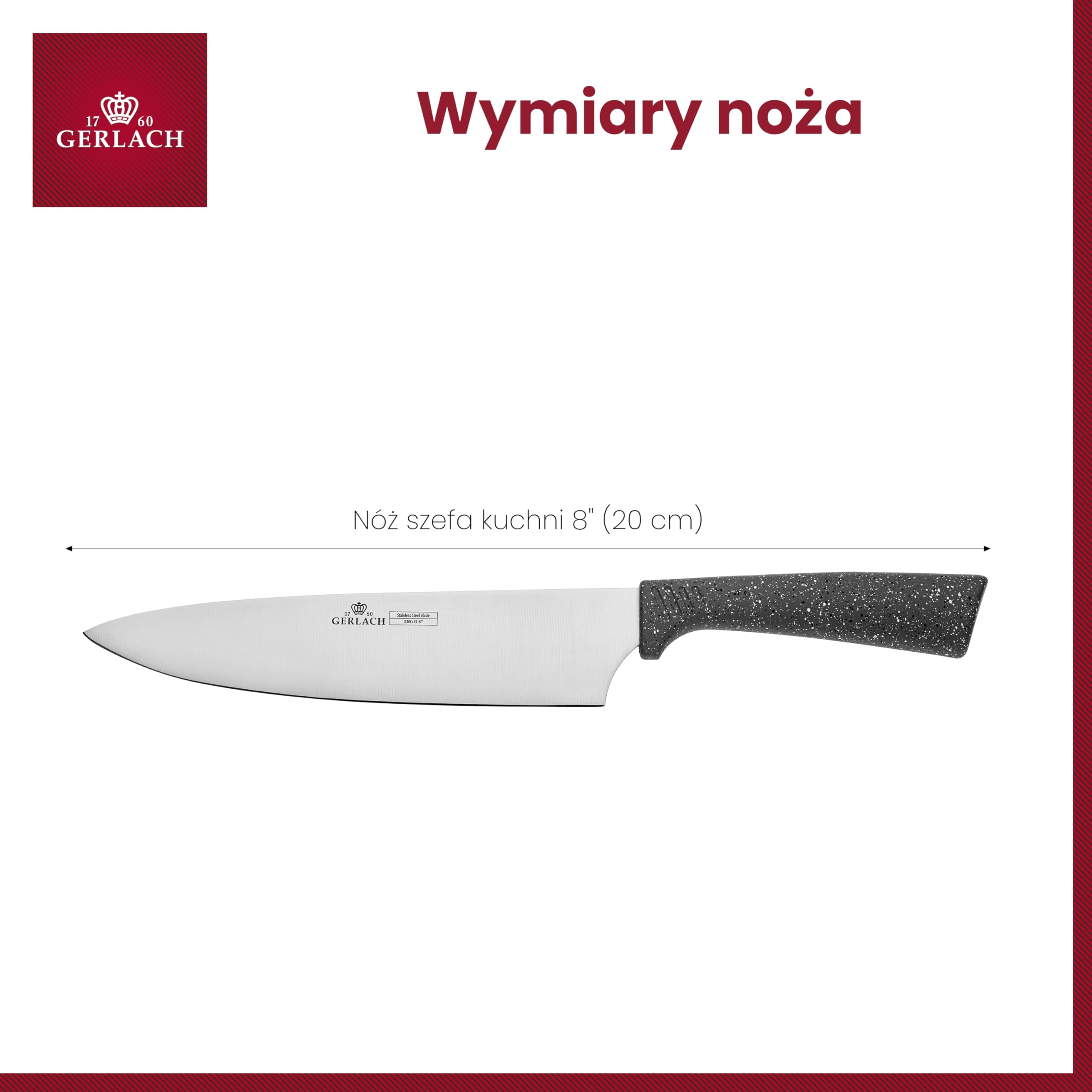 Gerlach 1760 Nóż Szefa Kuchni ze Stali Nierdzewnej - Ergonomiczny Uchwyt Soft Touch - 20 cm Smart Granit