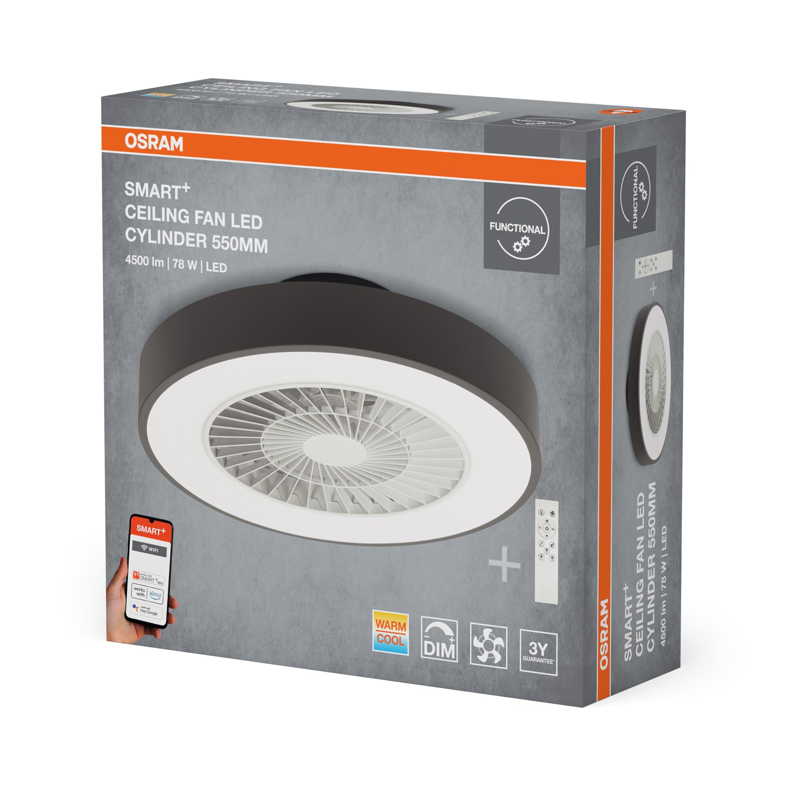Osram SMART+ WiFi Ventilator mit LED Lampe Grau | SMART+ Wifi Ceiling Fan LED, Acrylnitril-Butadien-Styrol-Copolymer (ABS), Grau, 30000 h, 1-Pack