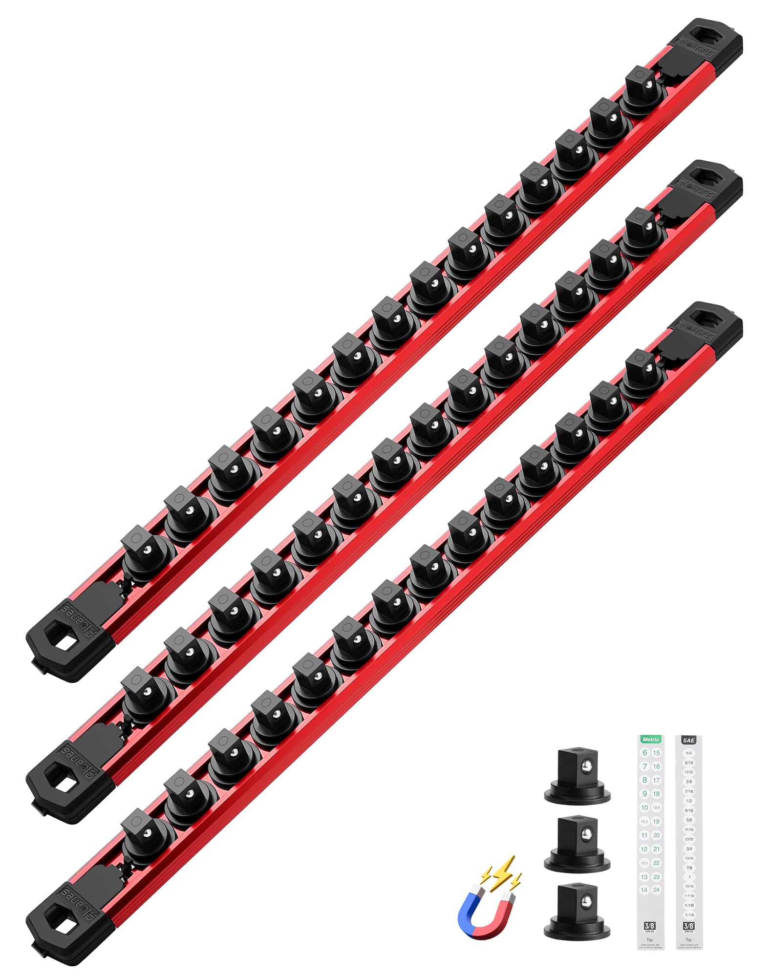 ALOANES Magnetic Socket Organizer, 3/8" Rail 42 Clips (Red, 3PC)