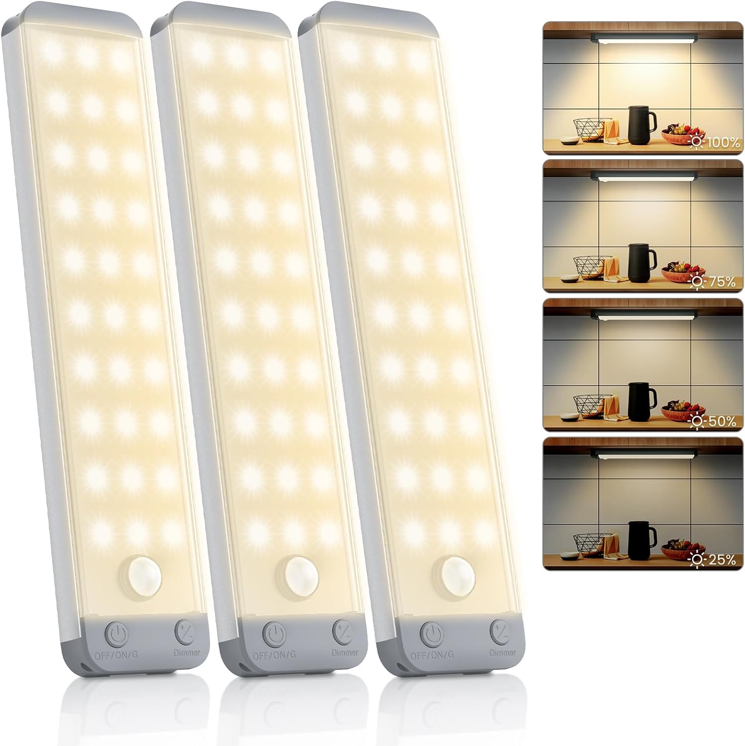 3-Pack Under Cabinet Lights, 8.3" 150LM Motion Sensor LED, USB-C 1500mAh Rechargeable, 3000K Warm White Dimmable for Kitchen Closet