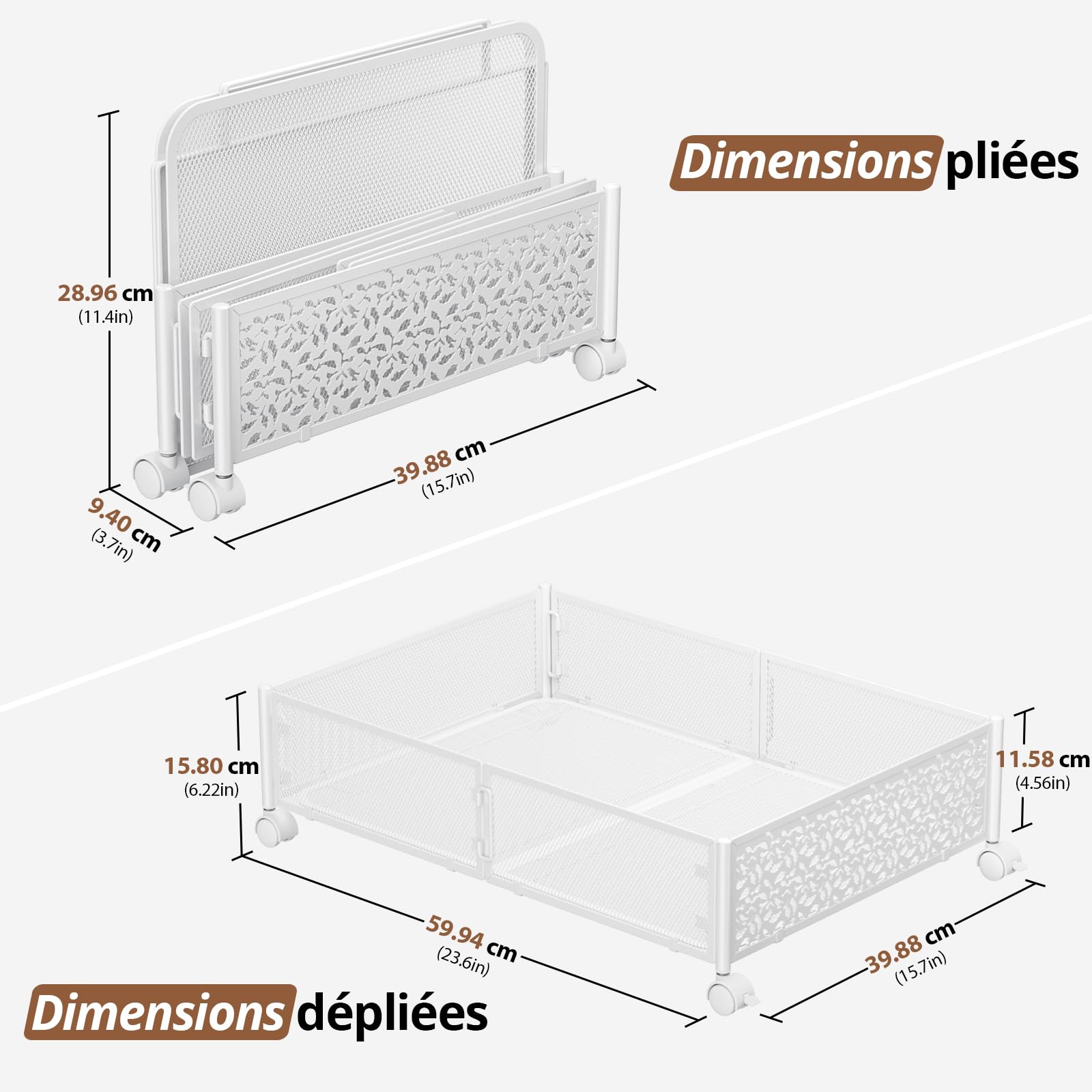 Lot de 2 Boîtes de Rangement sous le Lit avec Roulettes,en Métal,Blanc | Montage sans outil,glisse en douceur,accès facile,pour les lits bas-garde les vêtements,chaussures et chaussettes au frais