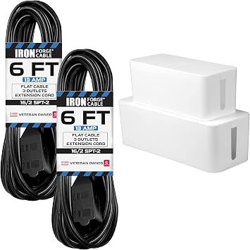 Iron Forge Cable 2Pk 6ft Black Extension Cord 3 Outlets - 16/2 SJTW 2 Prong Indoor Multiple Outlet & Cable Management Box, 2Pk - White Cord Organizer and Hider for Wires, Power Strips, Surge Protector