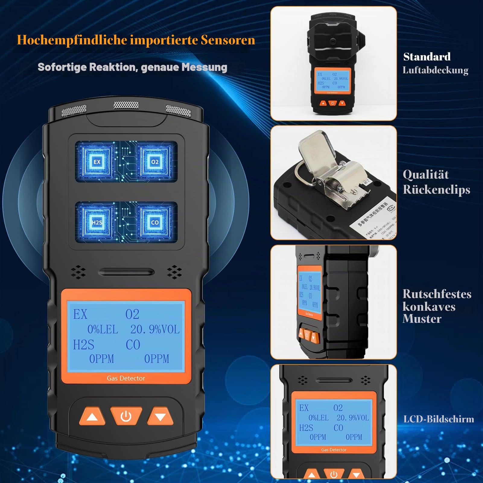 Tragbarer Gasdetektor, Wiederaufladbarer 4-Gasmonitor EX H2S CO O2 mit digitalem LCD-Display, Ton-Licht-Vibrationsalarm, persönliches 4-in-1 Gasmessgerät, Gastester-Analysator