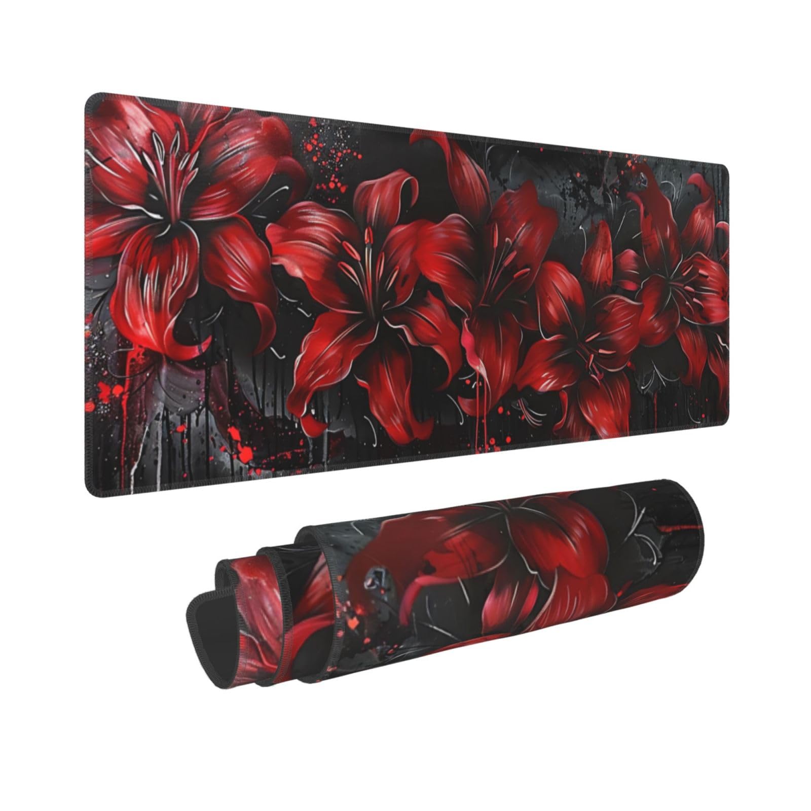 Red Lily Goth Gaming Mouse Mat Extended Large XL Mouse Pad Desk Mat Non-Slip Rubber Mice Pads Stitched Edges for Office and Home,31.5 X 11.8 X 0.12