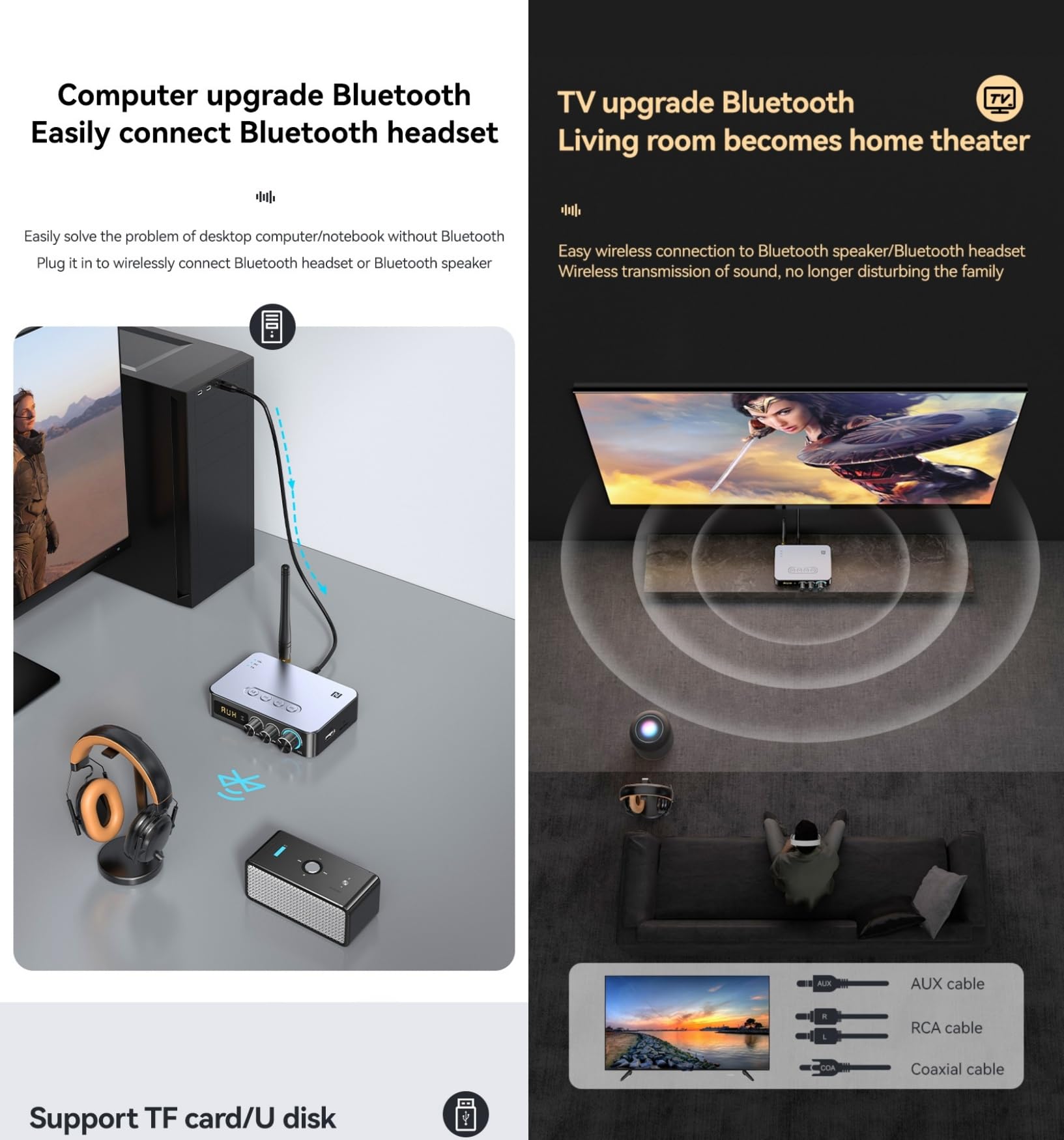 NFC 5.1 Bluetooth Audio Adaptador Bluetooth Receptor Transmisor, with 3.5mm AUX, RCA, 6.5mm Conexión de Micrófono, Radio FM para Auriculares,Altavoces,TVs,Amplificadores,Home Stereos,PCs
