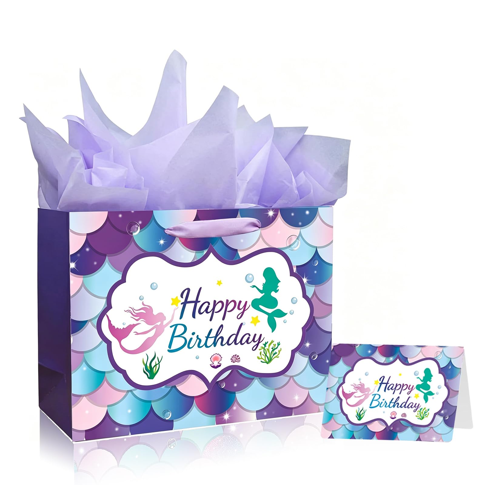 Large Birthday Gift Bag for Her Presents Purple Mermaid Design Gifts Bag,33*26*12cm Happy Birthday Party Present Bags with Handles and 3 Wrappers 1 Card,Luxury Paper Gift Bags for Girls Womens Mom