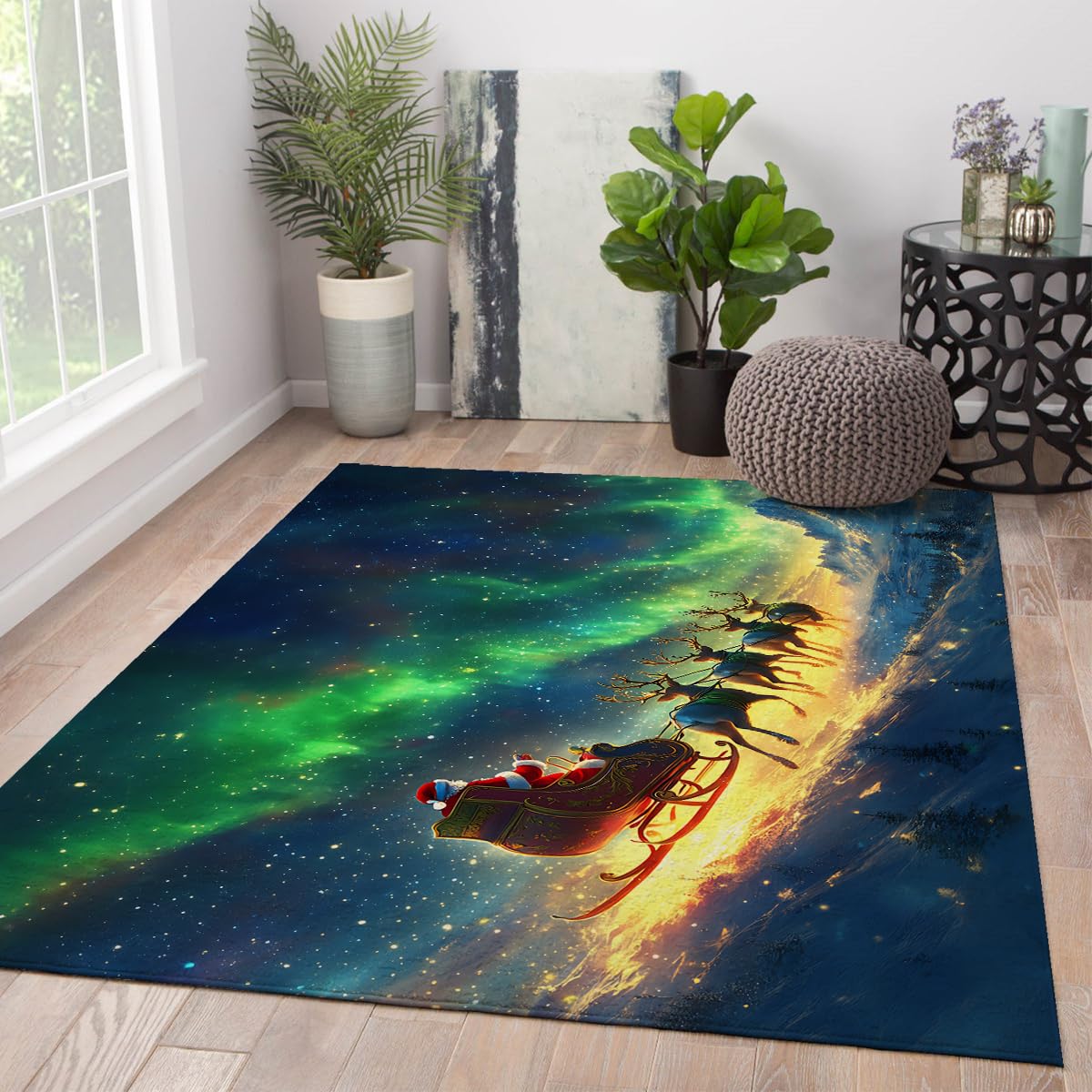 Tapis Noël Aurora Borealis 120x180cm, tapis fin moderne lavable et résistant