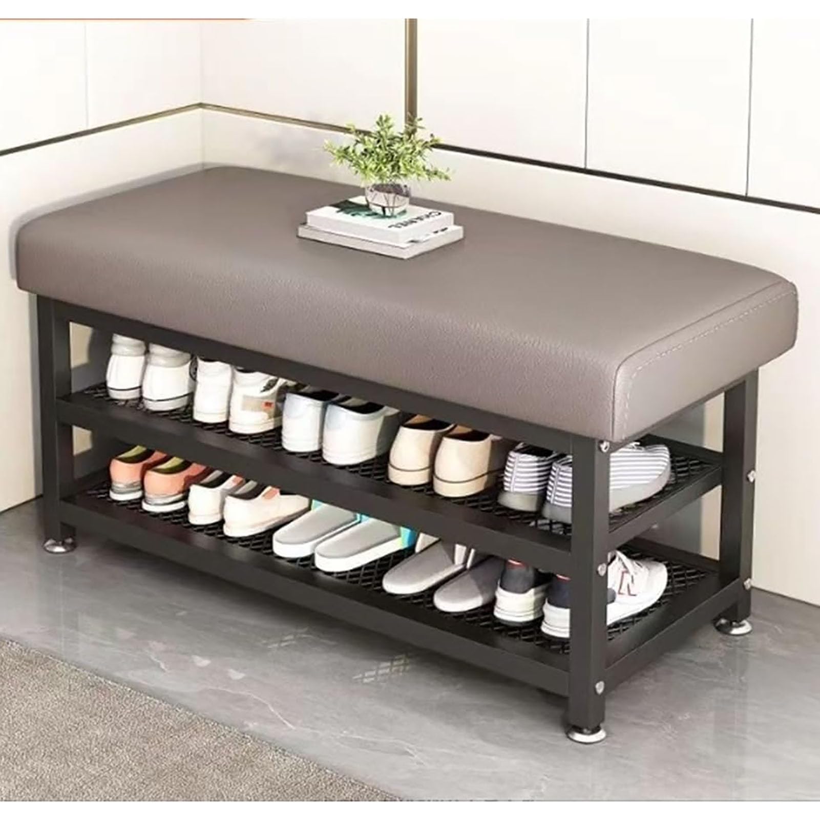 WJFTODAY Stylish Entryway Bench with Shoe Storage Upholstered Cushion Top Space Saving Shoe Rack Gray Shoe for Mudroom & Hallway 80x32x51cm