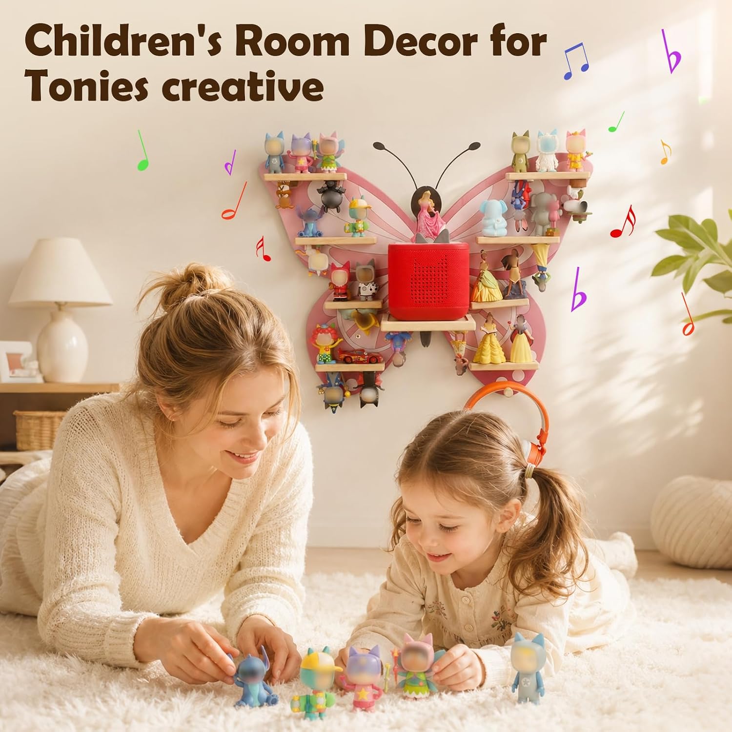 Pink Butterfly wall Shelf for Tonies Box 1/2 Storage Organizer Magnetic, Holder for Tonies Figures, Floating Shelves Display for30~40 Toniebox Characters Stand, Hang-Style Headphones