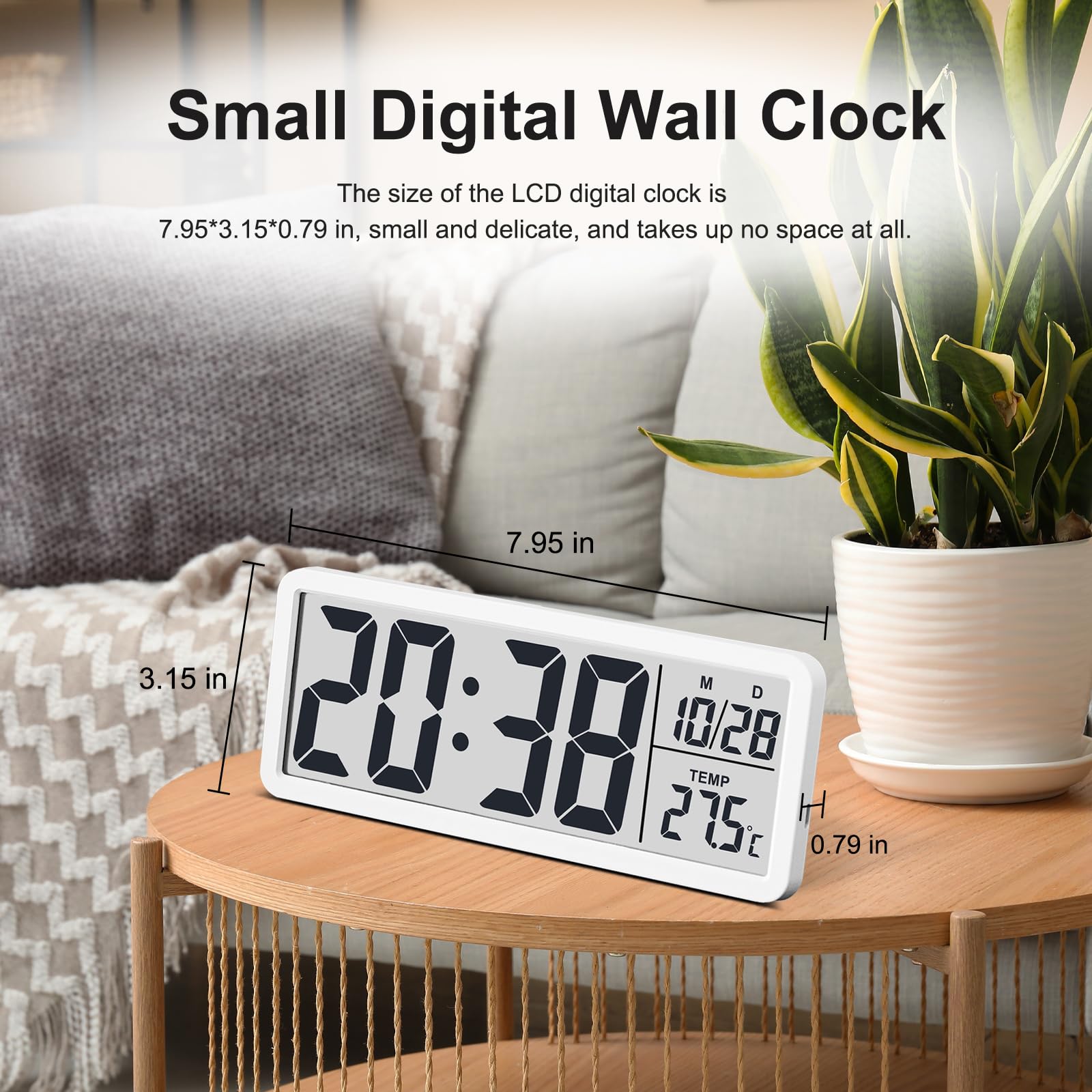 JoFomp LCD Digitale Wanduhren Batteriebetrieben, 8,5 Zoll Moderne Wanduhren für Wohnzimmer Dekor, Einfache Digitale Wanduhr mit Temperatur/Datum/Uhrzeit - 12/24H, Kleine Digitaluhr für Schlafzimmer