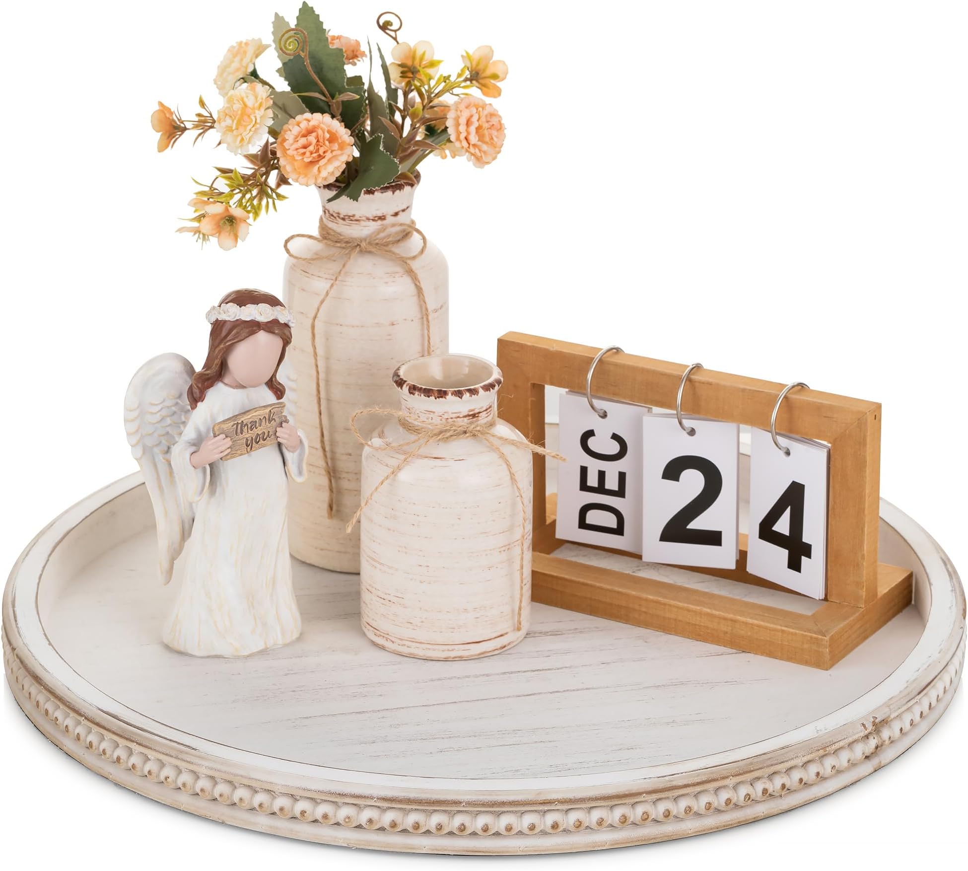 Carah & Cossh Round Wooden Serving Tray, Whitewashed Round