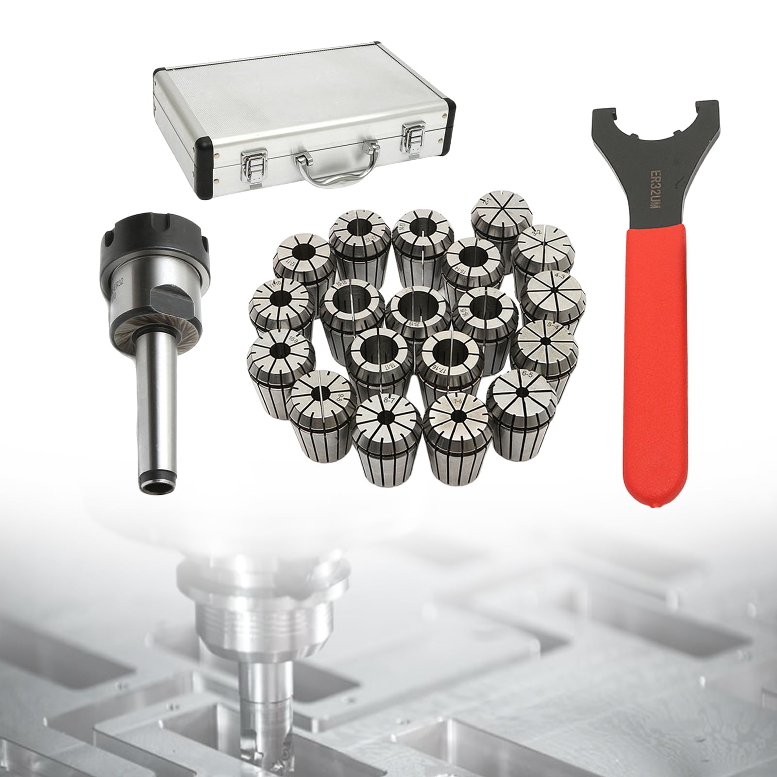 ER32 Juego de 19 alicates de sujeción de resorte de precisión, 2-20 mm, precisión de hasta 0,015 mm, juego de pinzas con tensor y mandril para máquinas de grabado CNC o herramientas de fresado