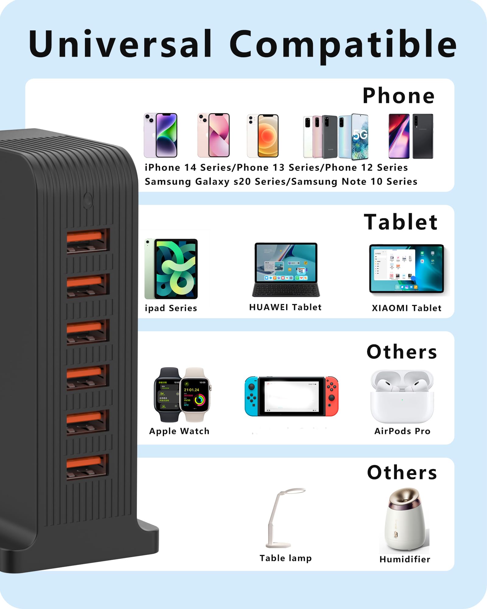 LEENFAER Stazione di ricarica USB a 6 porte, 50 W, caricatore USB, multiplo USB, ricarica per iPhone, iPad, iPod, Samsung, Huawei LG Nexus HTC Nokia Motorola