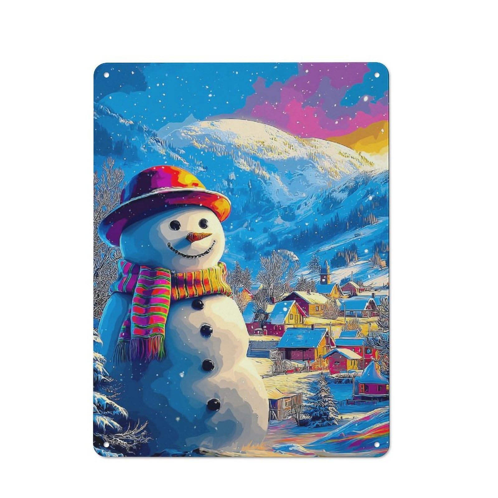 Junmoney Colorful Snowman Village Scene Metal Plaque With Design 40X30cm, Vintage Bistro Wall Plaque For Coffee Bar, Kitchen, Bistro Or Tea Corner
