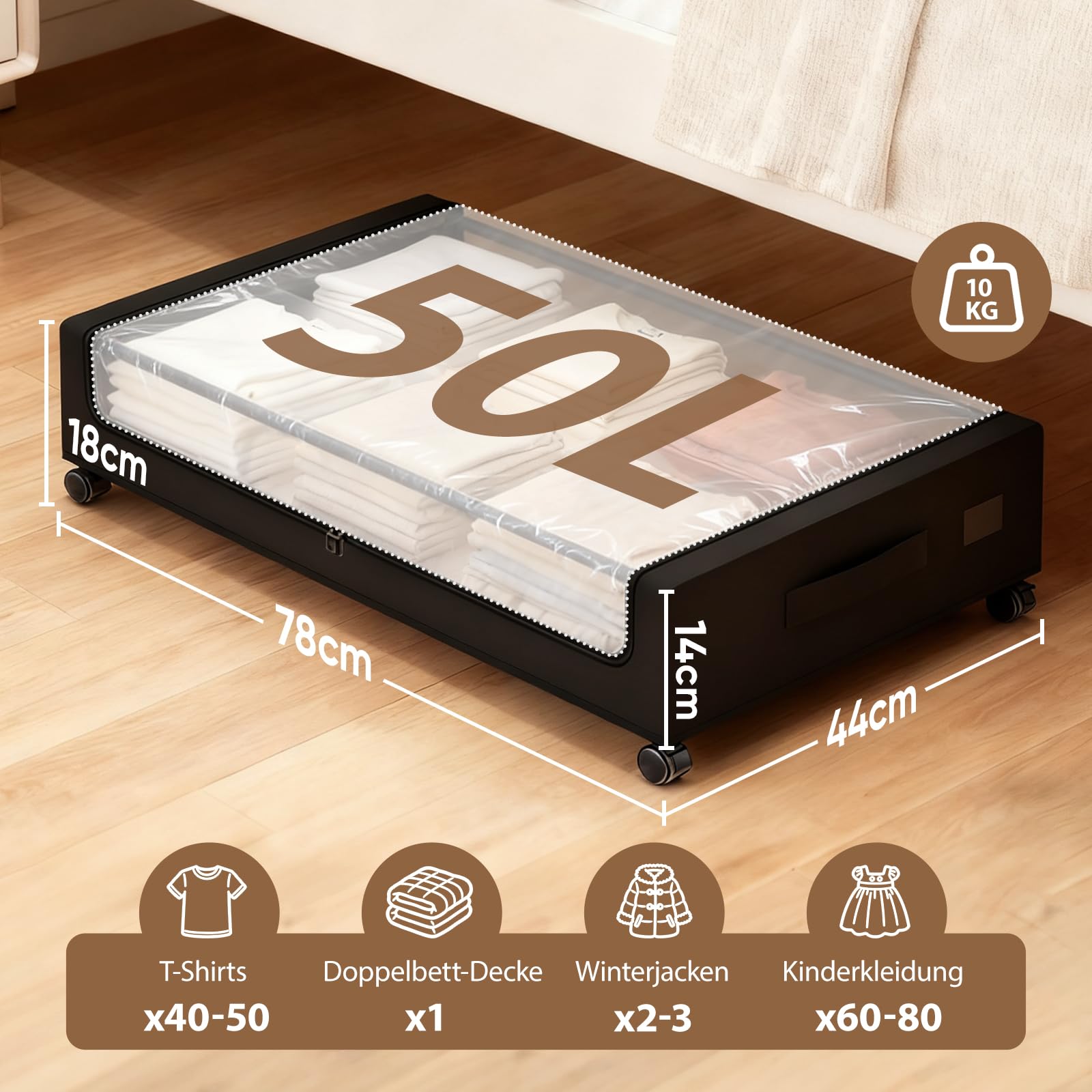 Sekey 2 Stück 50L Unterbett-Aufbewahrungsbox mit Rollen, Kleiderschrank Organizer Aufbewahrungstasche, Metallrahmen & Durchsichtigem Deckel, Rollbare Bettkasten für Kleidung/Bettwäsche, Schwarz