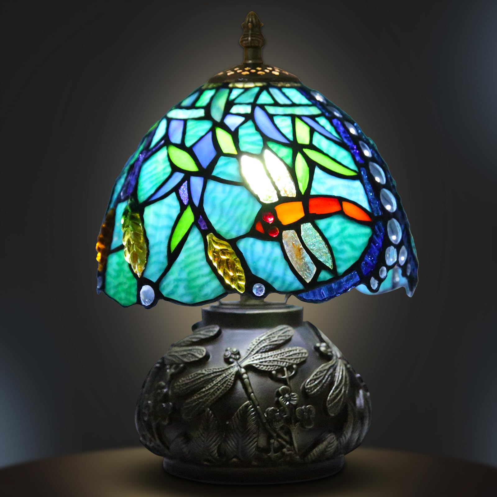 Ppbmocw Small Tiffany Lamp,Stained Glass Table Lamp for Living Room,Bedside,Reading,8 Inch Vintage Mini Mushroom Desk Light Included 3 Color Temperatures E27 Bulb (Ears of Wheat Dragonfly)