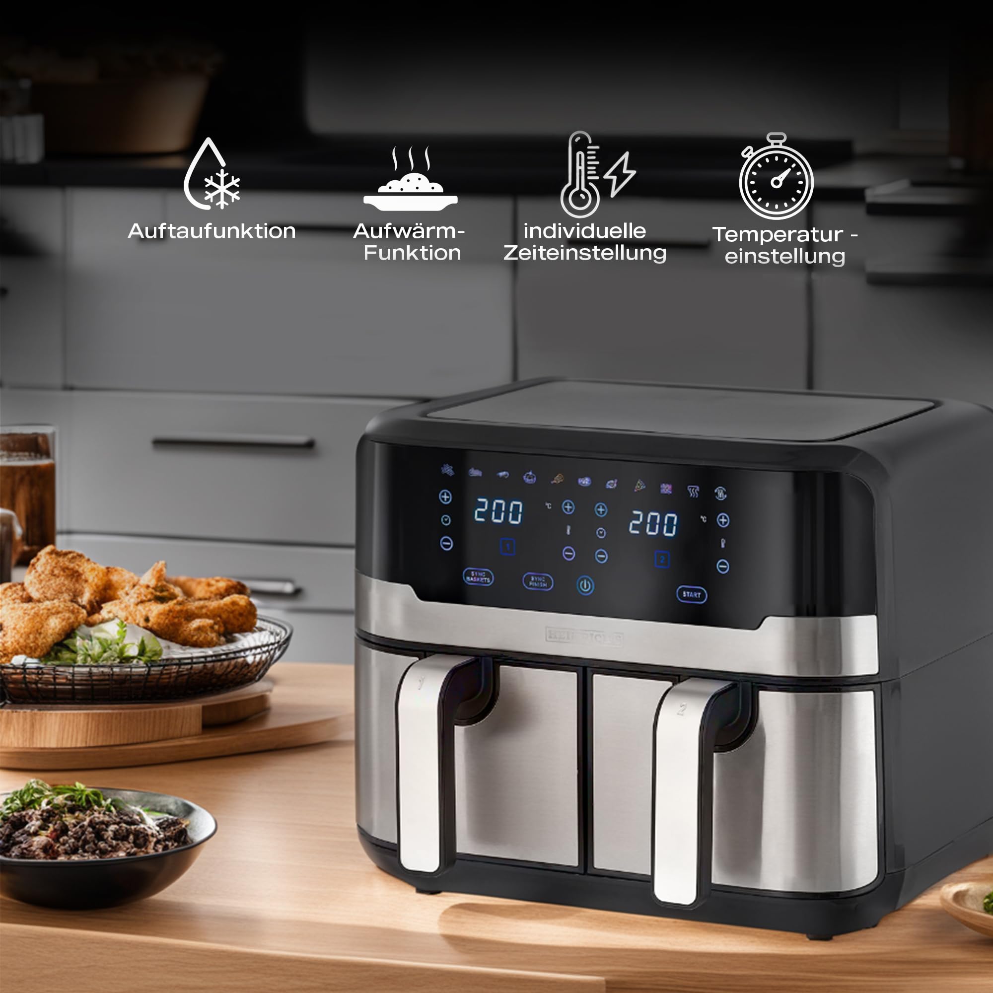 HEINRICHS frytkownica na gorące powietrze, podwójna frytkownica na gorące powietrze, XXL Air Fryer, frytkownica na gorące powietrze z podwójną komorą, 9 programów, wyświetlacz LED z obsługą dotykową,