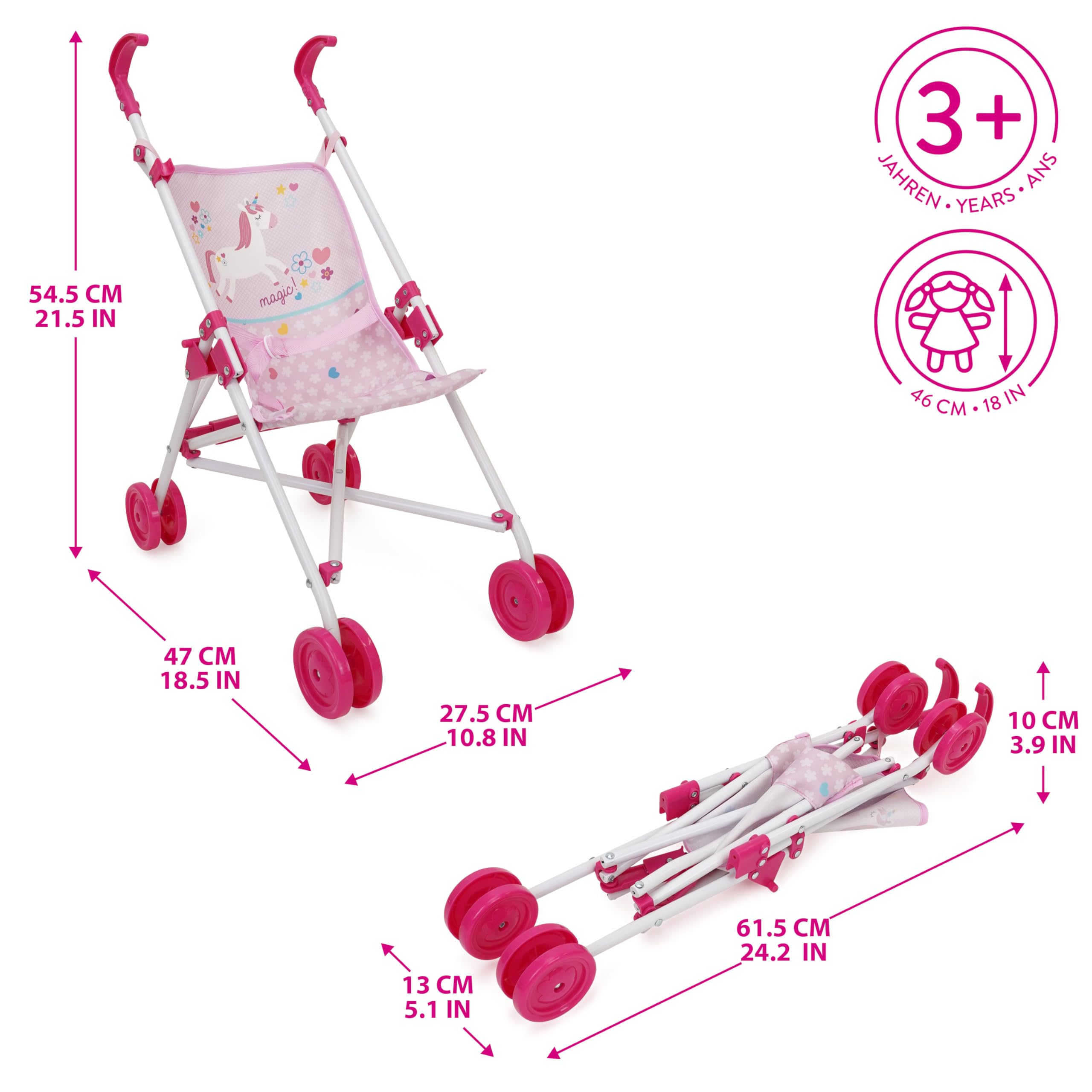 509 Crew Unicorn Pink 21-częściowy zestaw do zabawy i opieki, lalka, lalka, zestaw krzesełek, bouncer, diaper bag, akcesoria do karmienia i pielęgnacji, wiek 3+