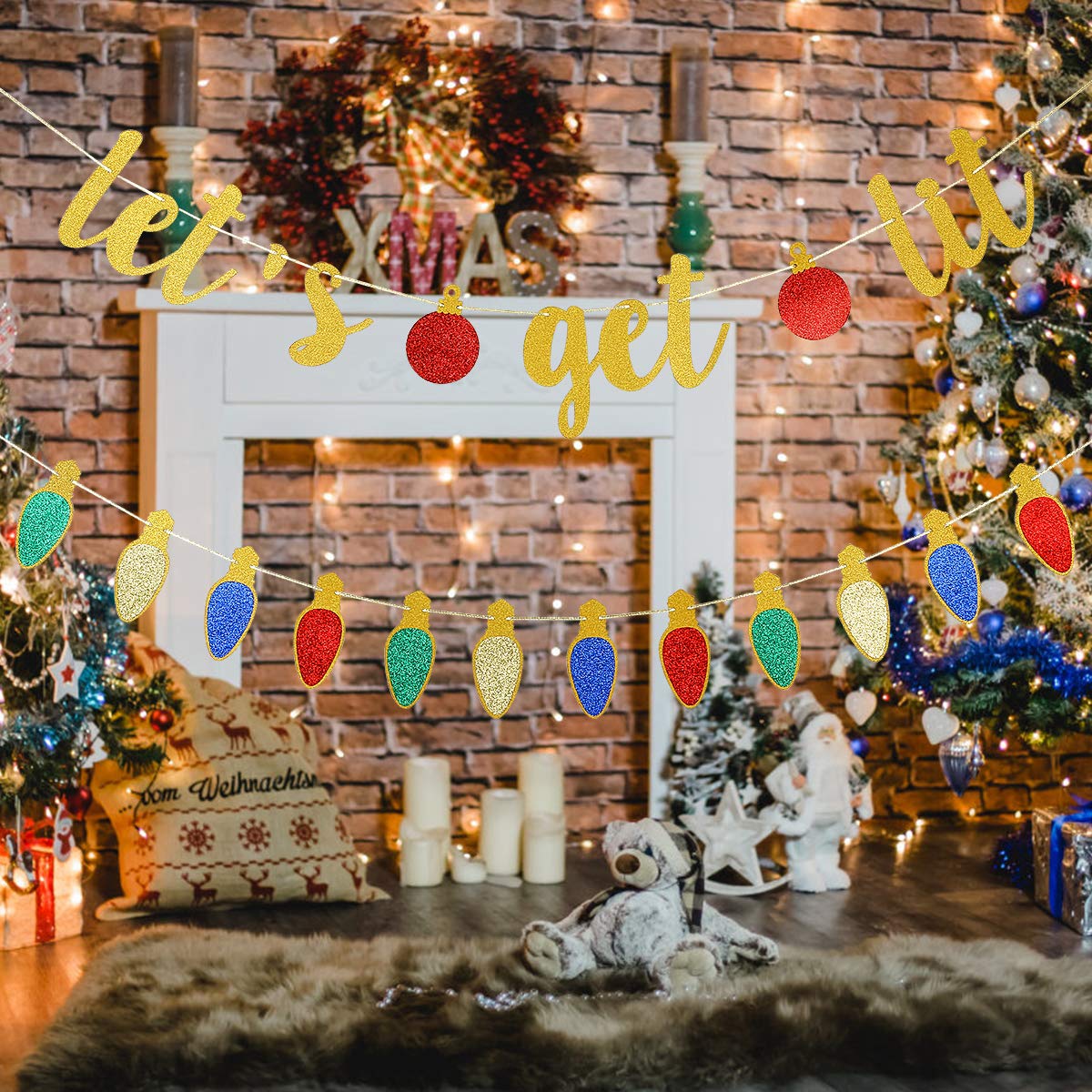 Gold Lets Get Lit Banner Christmas Party Banner, Let's Get Lit Garland Christmas Holiday Banner for Ugly Christmas Sweater Party Decorations, Merry Friendsmas Christmas Party Decorations