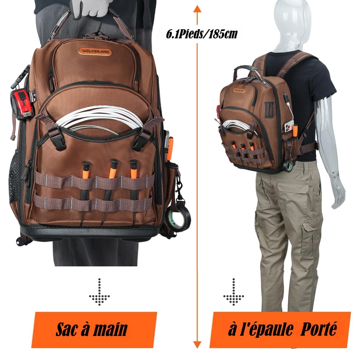 WELKINLAND - Sac à dos HVAC 70 poches, sac à dos robuste pour outils d'électricien, sac à dos à outils à fond rigide pour homme, sacs à dos imperméables pour homme