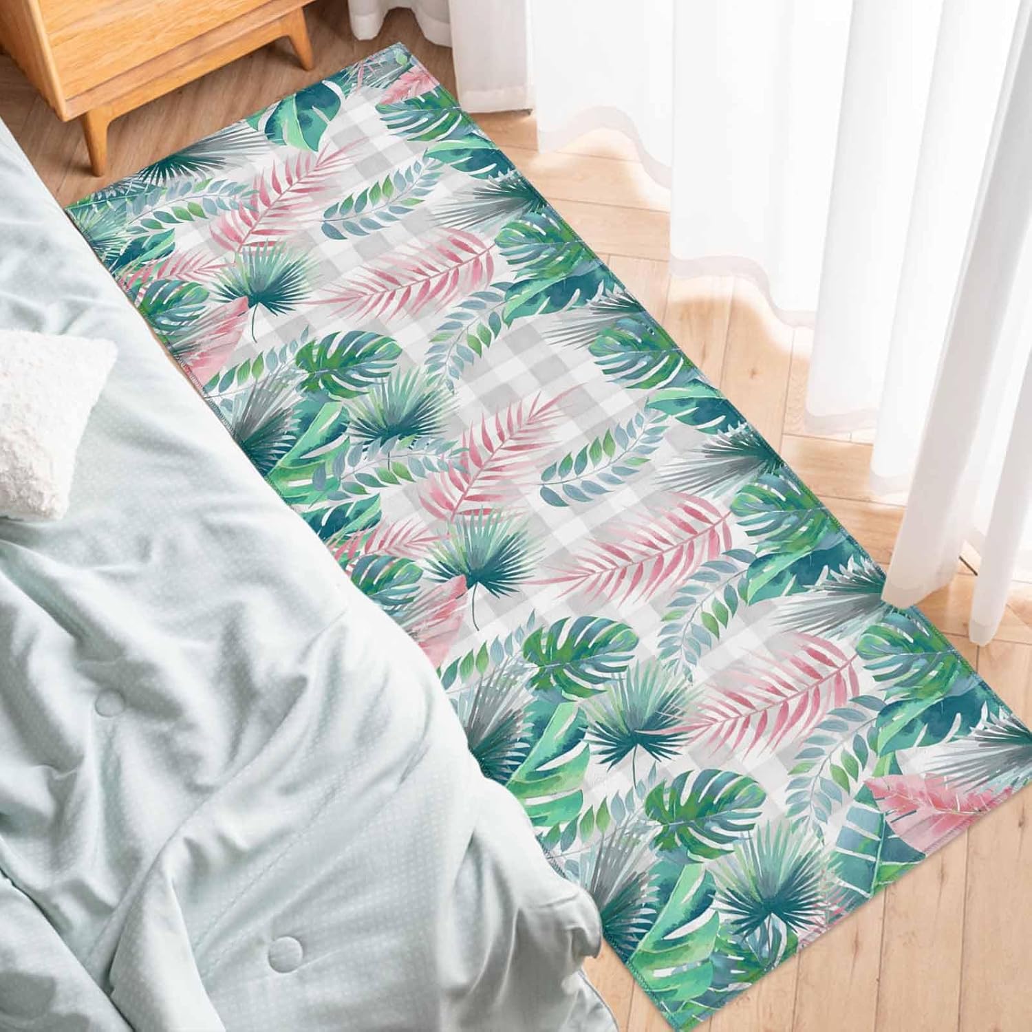 Kitchen Mats for Floor Watercolor Green Pink Leaves Washable Non Slip Kitchen Rugs 1PCS, Monstera on Gray White Buffalo Absorbent Standing Mats for Sink Bathroom Office Living Room 23.6x70.9in
