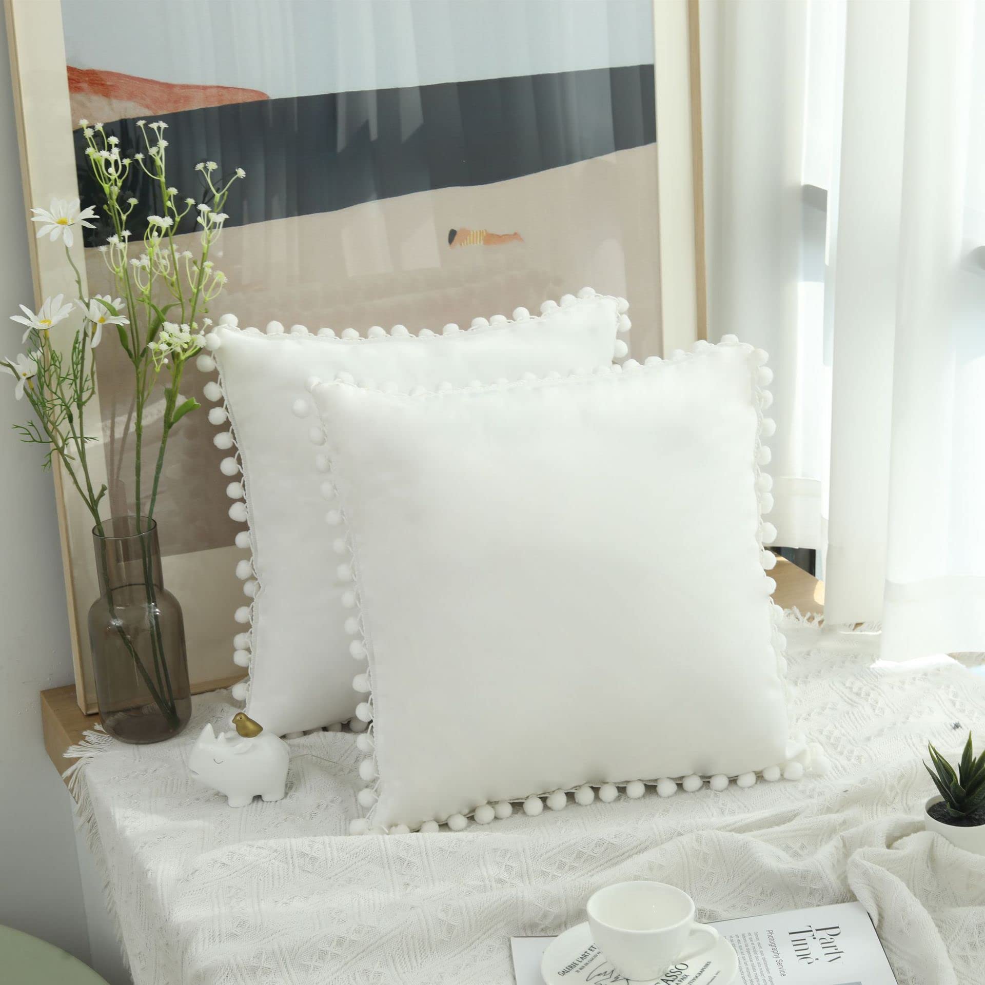 Hediloo Cushion Covers Pack of 2 Soft Velvet Throw Pillow Cases with Pom Pom Invisible Zip for Sofa Chair Living Room (White, 45 * 45cm) โ image 1