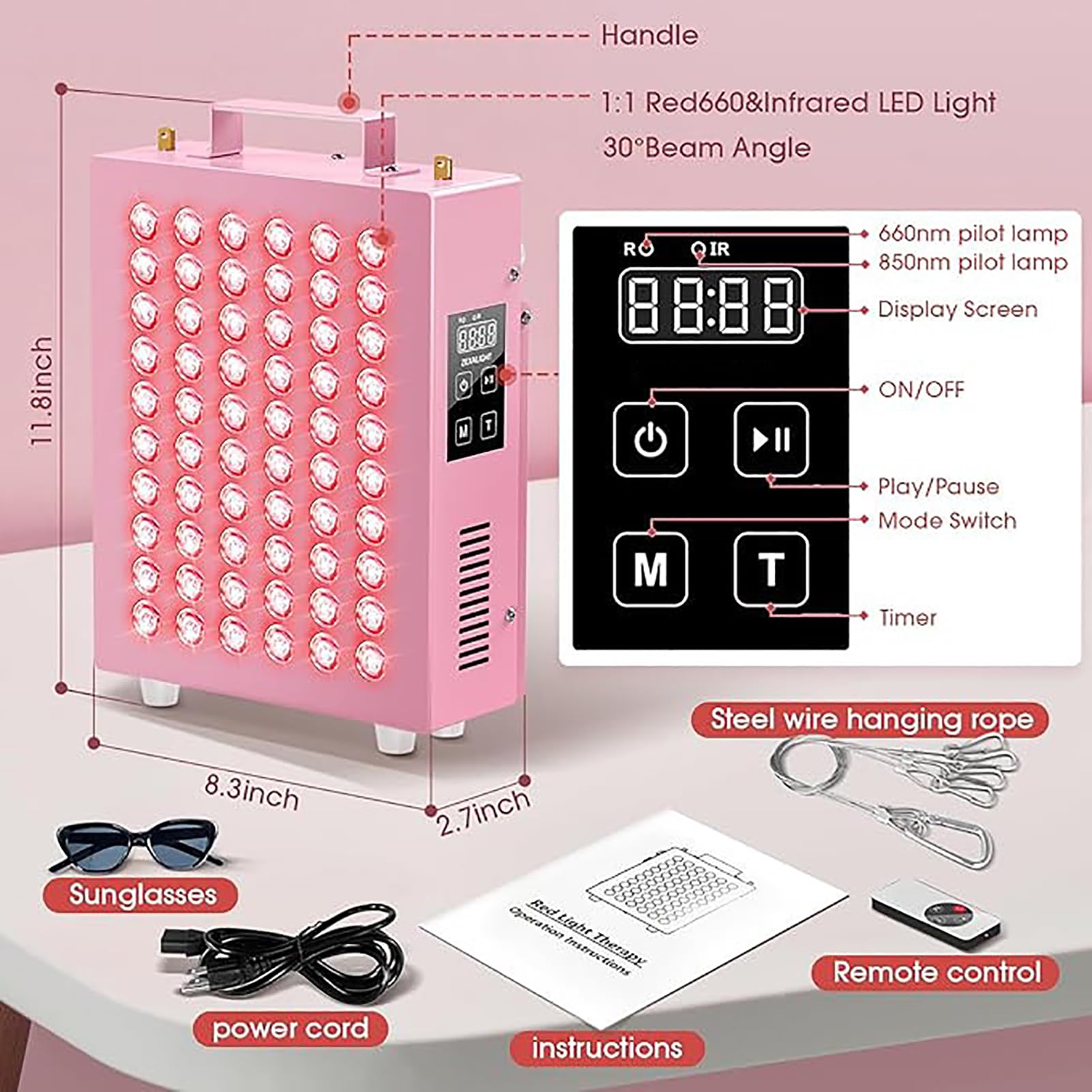 GOURIXIN Panel de Terapia de luz roja con Control Remoto, 60 LED de Doble Chip con 2 Longitudes de Onda de 660 NM y 850 NM, Dispositivo de Terapia de luz infrarroja cercana