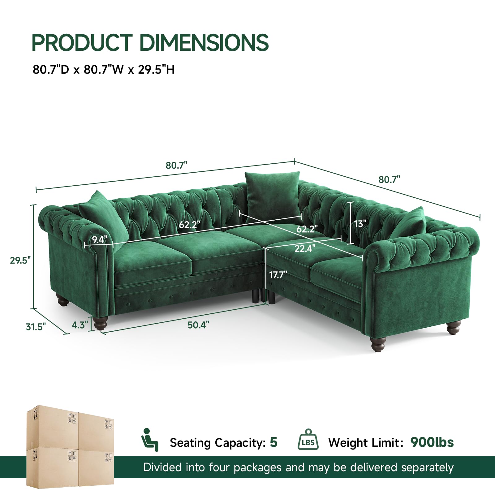 Velvet Chesterfield Sofa, L Shaped Sectional Sofa with Tufted Back & Rolled Arms, 3 Throw Pillows, Small Corner Sectional Couch for Living Room, Apartment, Green