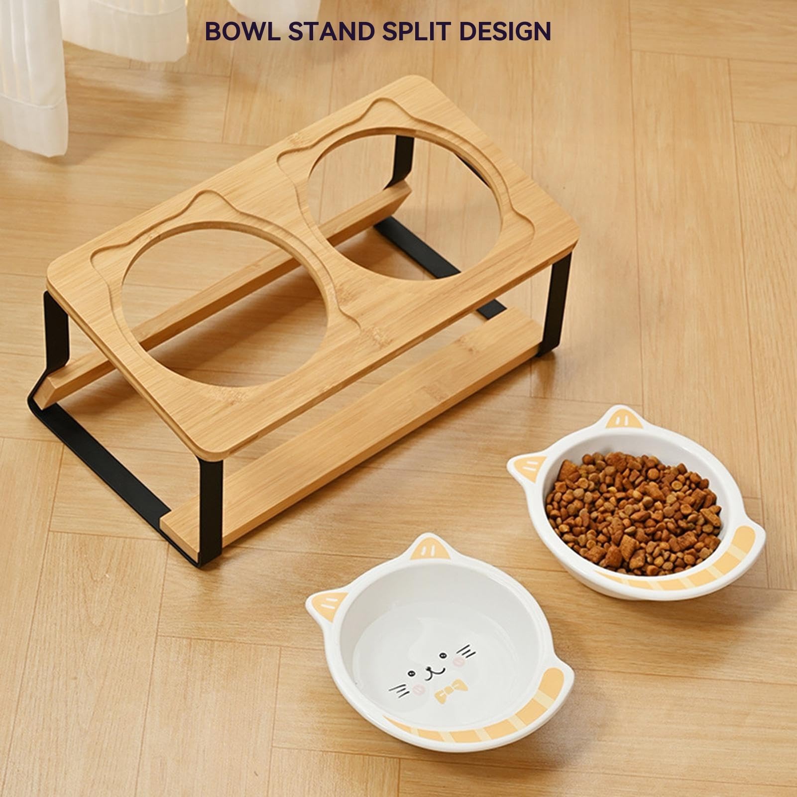 Ciotole Alte per Cibo Gatti Vassoio Sollevato per Gatti | Doppia Ceramica Alta Con Base Legno Antiscivolo Antigoccia Per Cuccioli Mangiare Bere In Appartamento E Viaggio