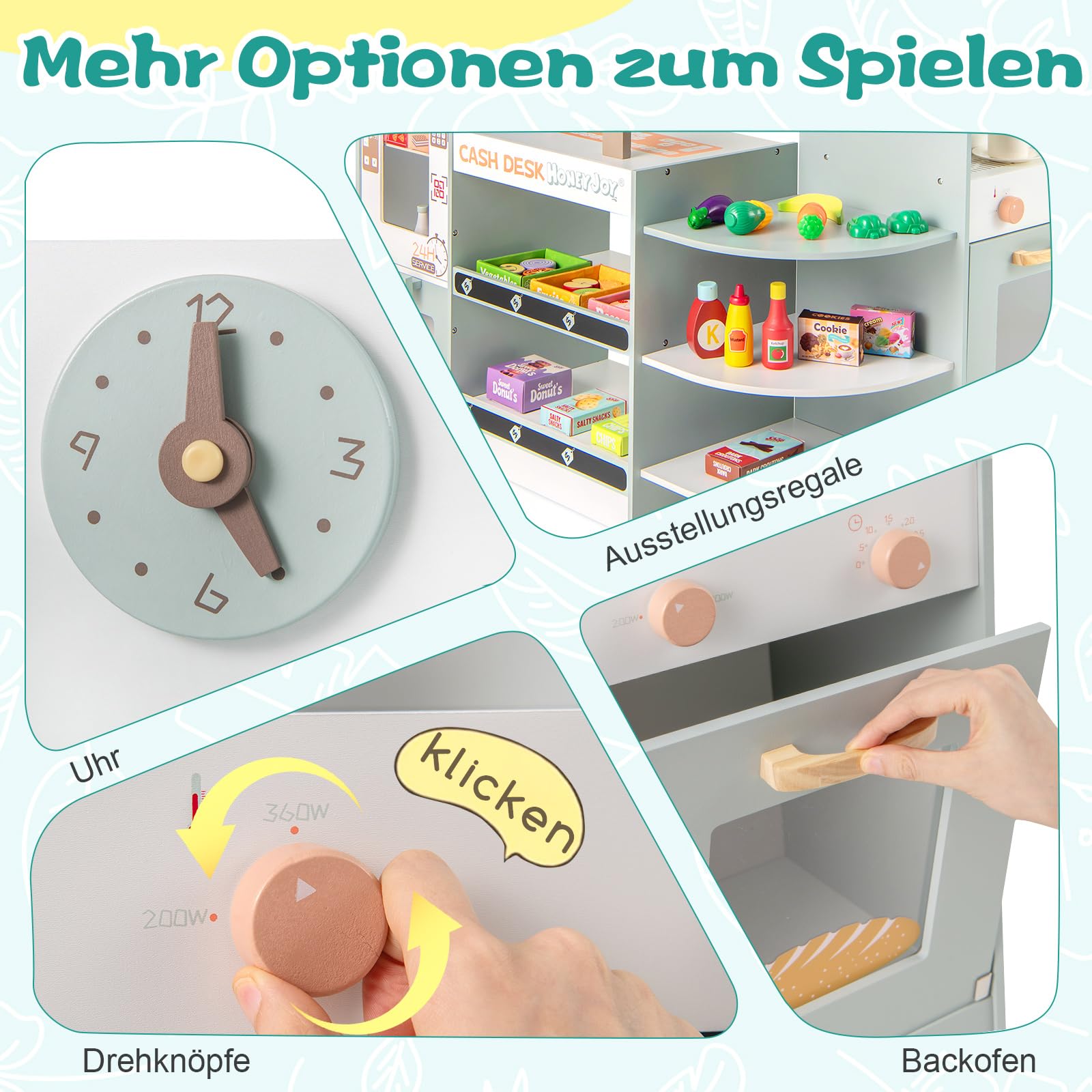 COSTWAY Kaufladen Kinder, Kaufmannsladen Holz inkl. Zubehör (Grün) | Supermarkt mit Verkaufsautomat, Kasse, Kaffeemaschine & Ofen, Verkaufsstand Theken, Einkaufsladen für Kinder ab 3 Jahren
