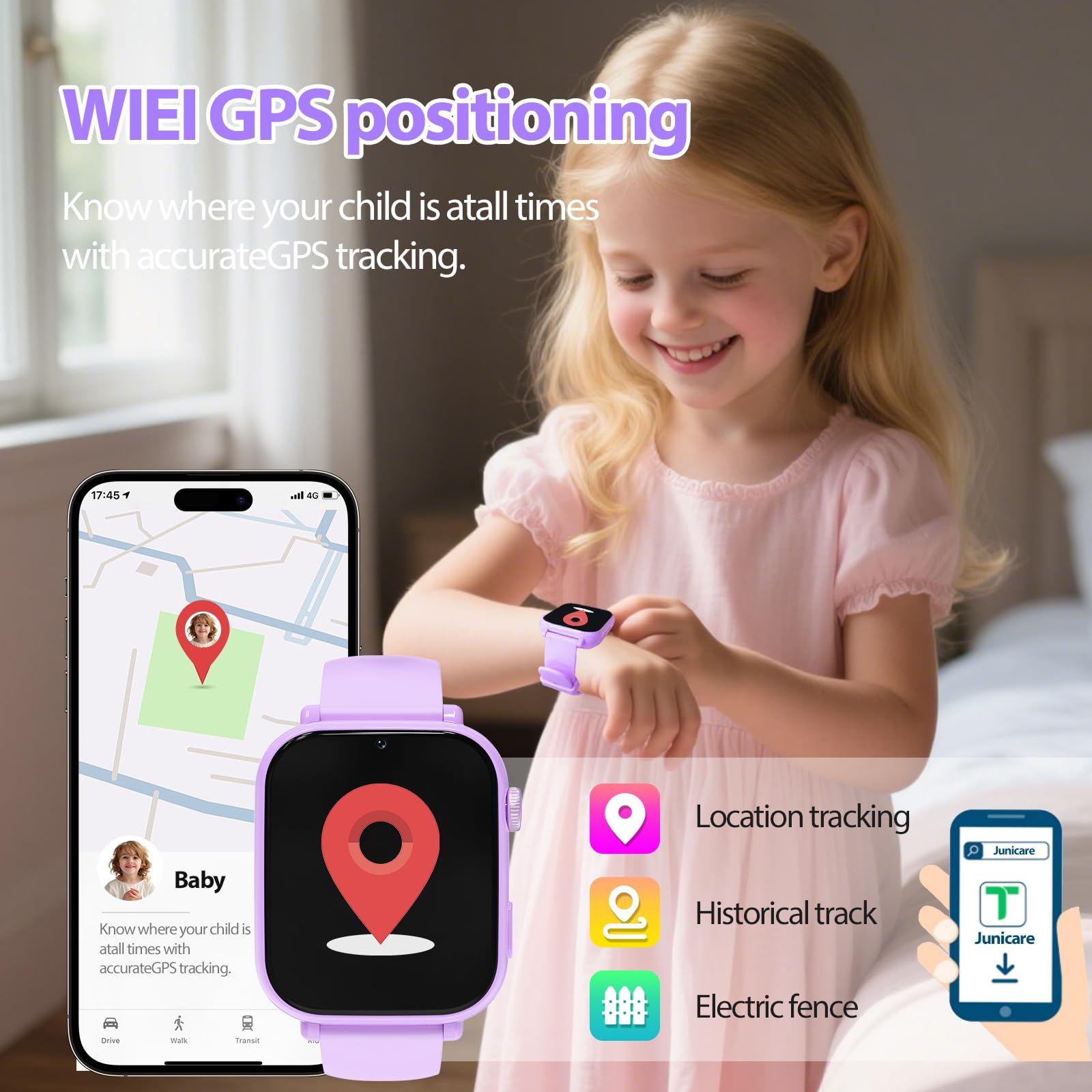 PTHTECHUS 4G Reloj Inteligente Niño, Smartwatch Niños Niña con GPS, Videollamadas, Chat de Voz, SOS, Modo Clase, WiFi, Juegos, Cámara, Reloj Niños Regalo para Niñas niños 4-12 años Regalo (Morado)