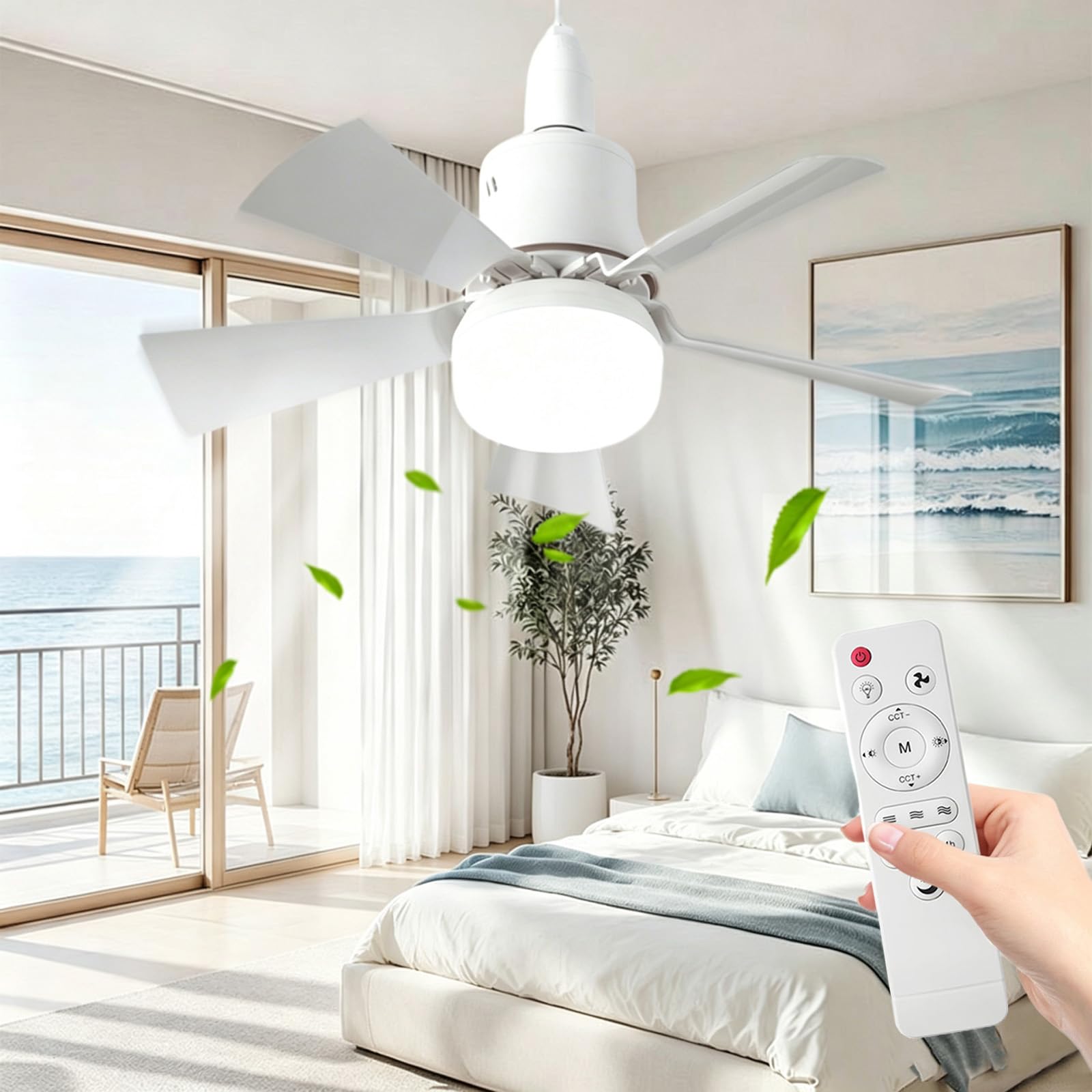 OMUIETIO Ceiling Fan Light, 30W E27 Fan Lights with Remote Control, 3 Speeds & Stepless Dimmable, 2H/4H Timer, 45.5cm Light Bulb Fan, Quiet Fan Light Ceiling for Bedroom, Kitchen (White)