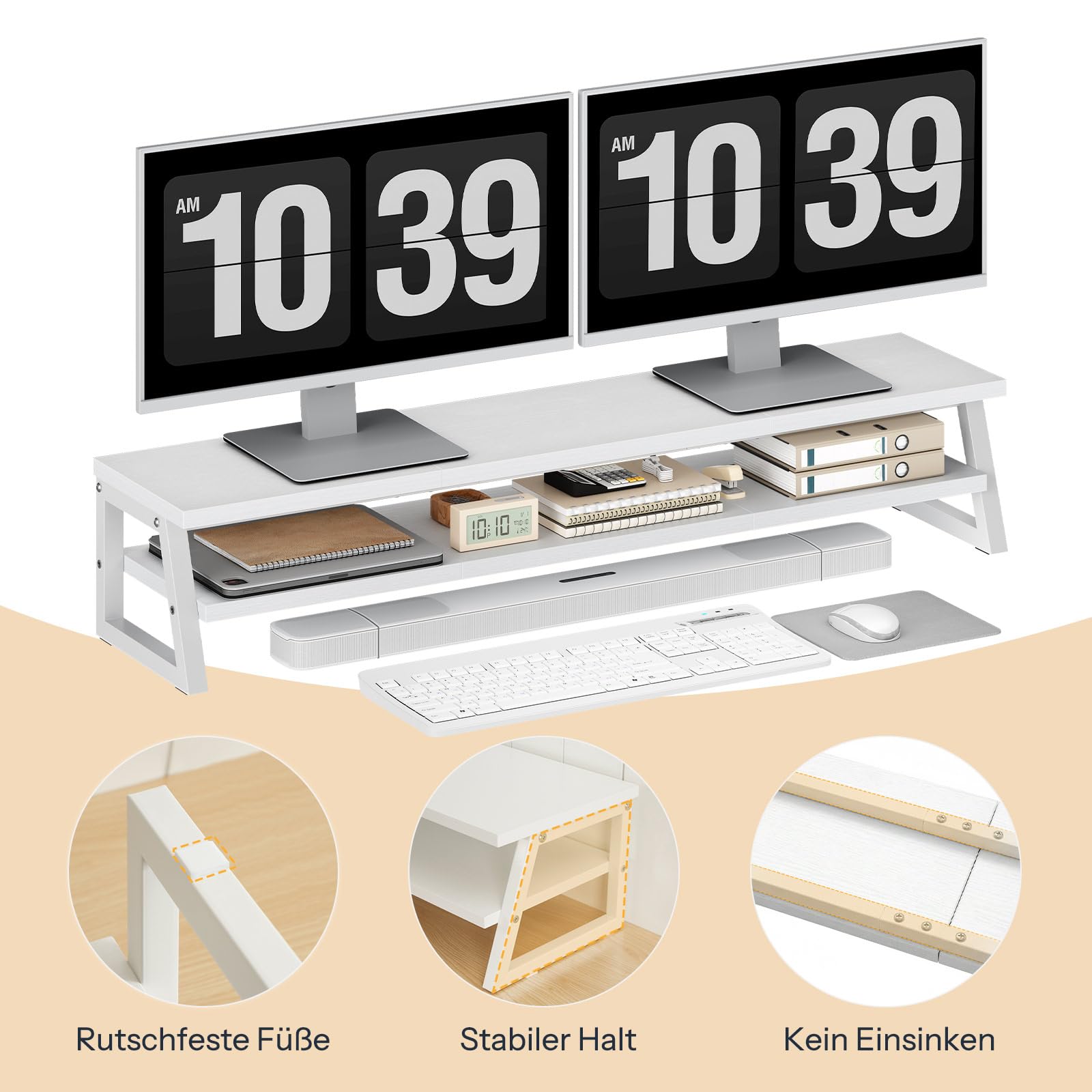 HOOBRO 2-stufiger Monitorständer Holzfür 2 Monitore, 100 x 24 x 19,5 cm, Dual Monitor Ständer, Bildschirmerhöhung, Monitor Erhöhung, Schreibtischregal für Büro und Heimarbeit,Weiß EWW122CJ01