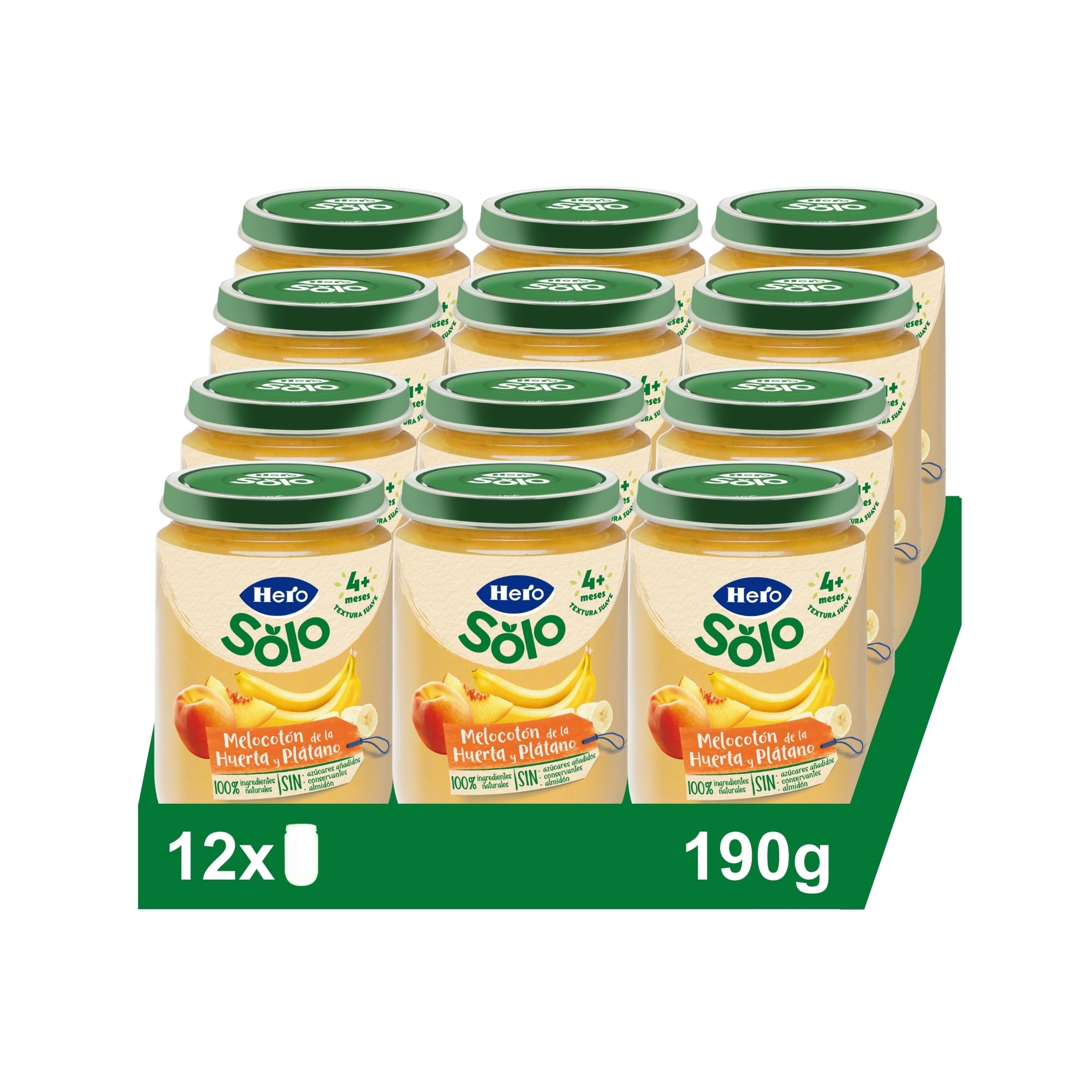 Hero Baby Tarritos de Melocotón y Plátano, Sin Azúcares Añadidos, 100% Naturales, Pack 12x190g