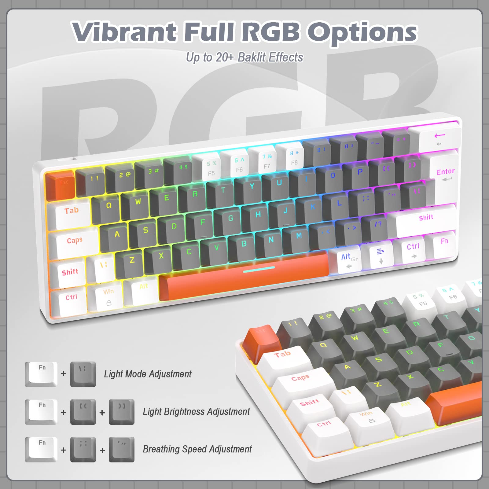 ZIYOU LANG T60 Clavier de Jeu Filaire avec Câble USB C Enroulé, QWERTY Mini 60% Compact 62 Key Anti-ghosting, 18 Rétroéclairage Arc-en-Ciel, Clavier Mécanique Linear Red Switch pour PC/Mac - Abeille