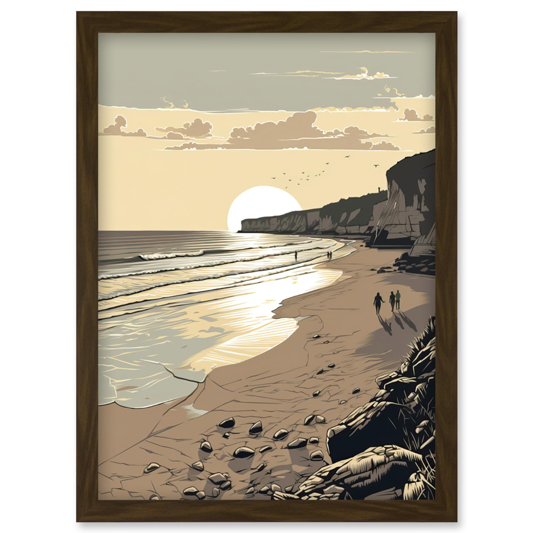 Artery8 Sunrise Walk on Filey Beach Coastal Illustration Artwork Framed Wall Art Print A4
