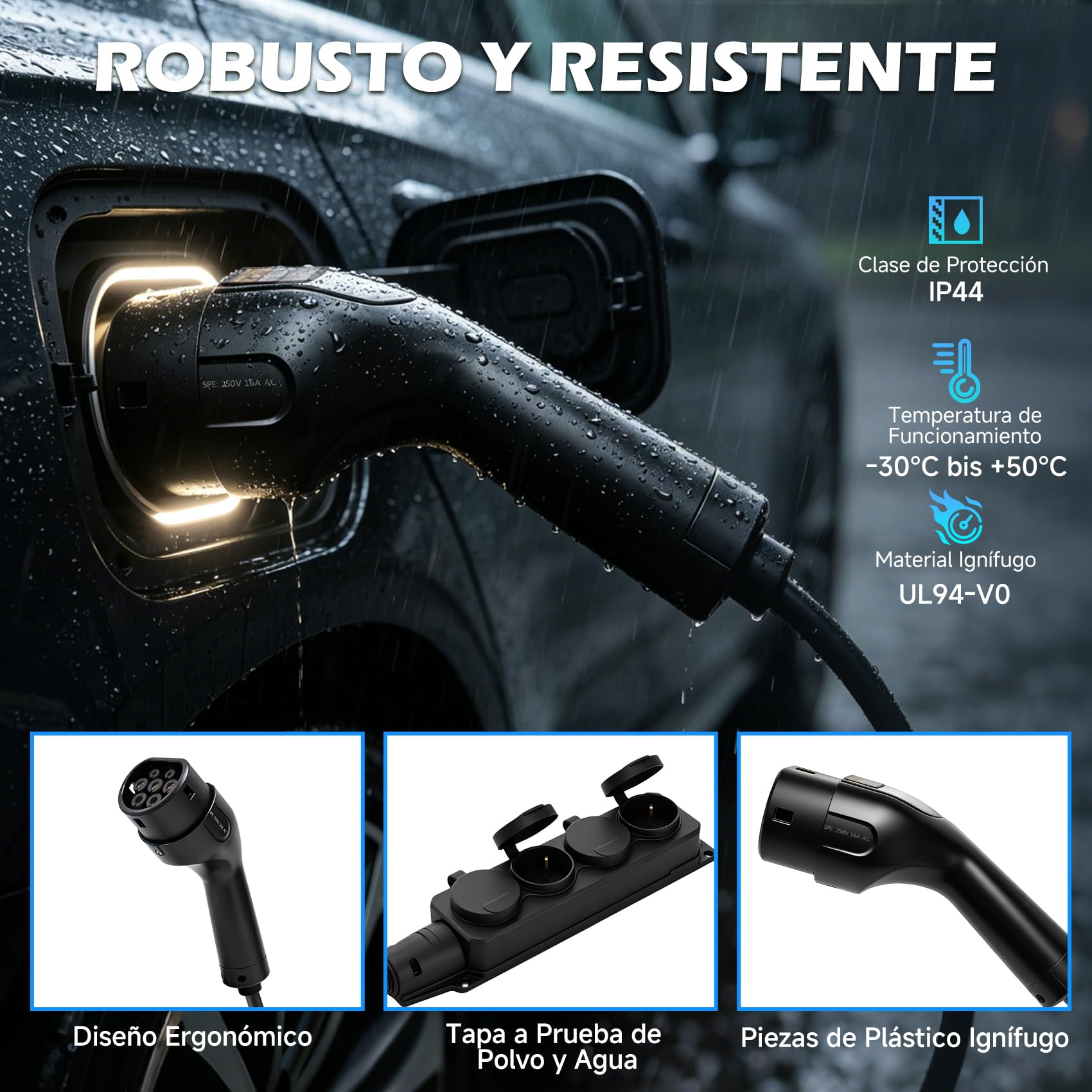 JULIK Adaptador V2L para Omoda 5 EV, Jaecoo 7, EBRO S700, Tiggo 8 - Longitud Total 3m, Regleta 4 Tomas, 3.5kW 16A Pistola de Descarga Tipo 2 EV a Toma Schuko, Camping, Emergencia