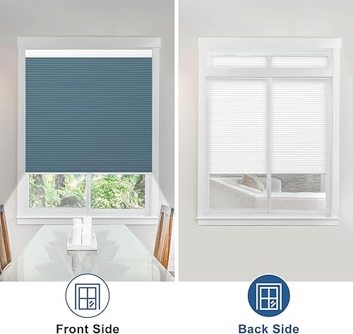 Miniatura 4 de Persianas celulares opacas sin cordón, con diseño de panal de abeja, persianas para oscurecer la habitación, color azul océano y blanco, 35 pulgadas