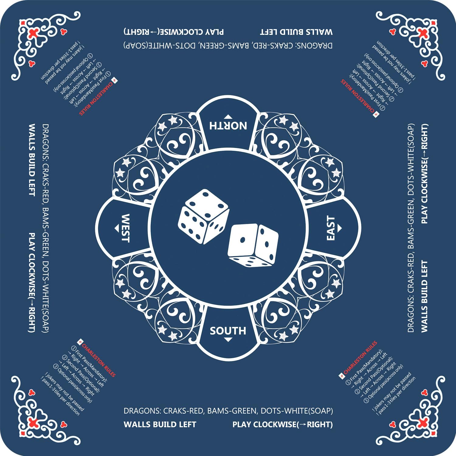 Mahjong Mat, Non-Slip Noise-Reducing Mahjong Mat for Table with Printed American Rules, Mah Jongg Mat with Carrying Bag, Odorless, Crease-Free, PAHs-Free Cover for Poker and Tile Games 31.5 in (Blue)