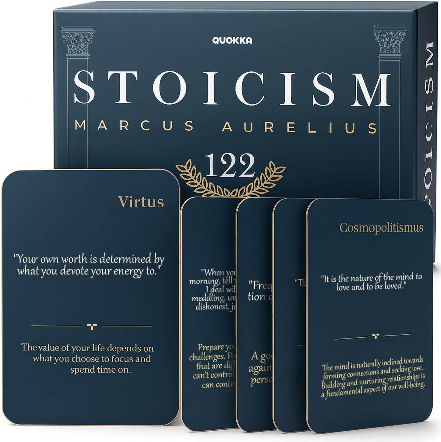 122 Daily Stoic Quotes with Explanations & Practices, Marcus Aurelius Stoicism Cards, Wooden Stand, Gift Box, Inner Strength Wisdom Stoic Reminders, Mindfulness Deck, Unique Home Office Gifts Décor