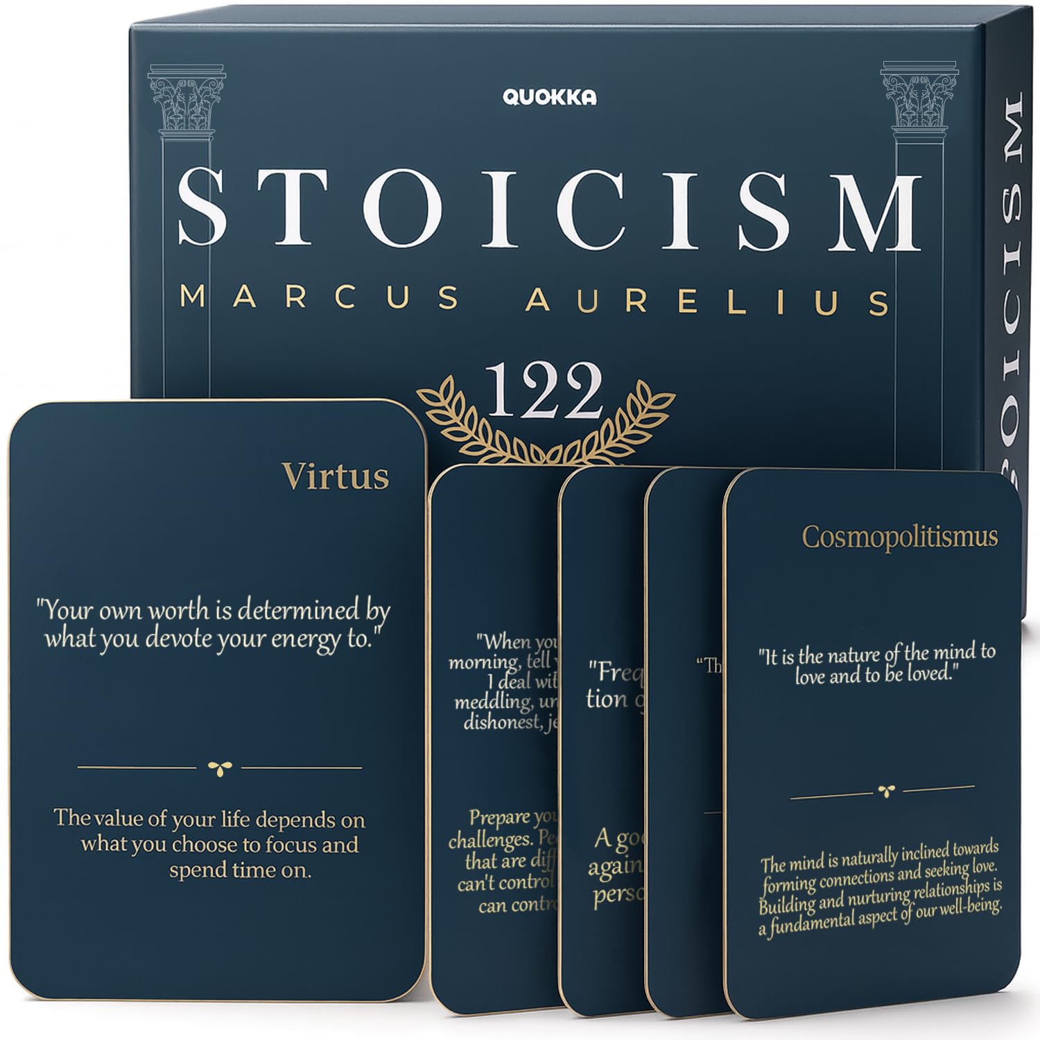 QUOKKA 122 Daily Stoic Quotes with Explanations & Practices - Marcus Aurelius Stoicism Cards - Wooden Stand, Gift Box - Inner Strength Wisdom Stoic Reminders - Unique Home Office Gifts Décor — image 1