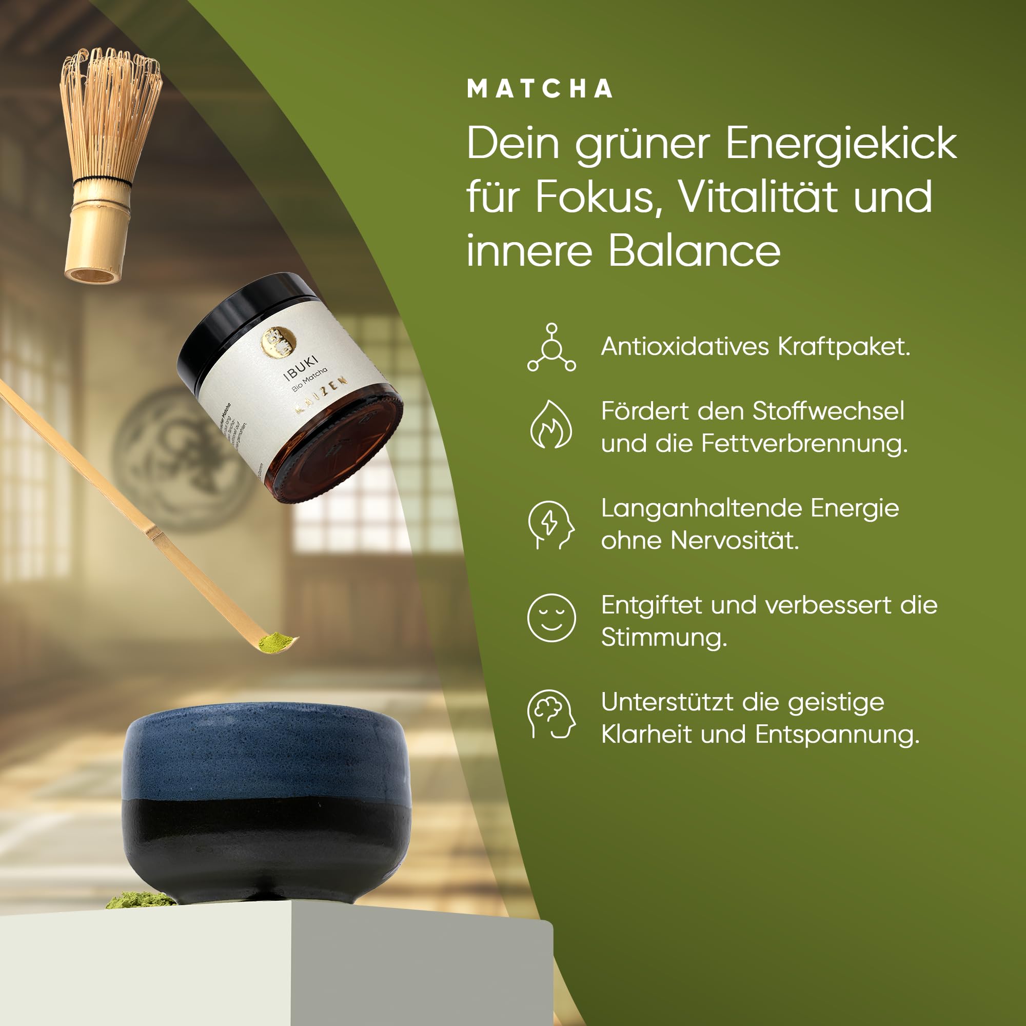 Kaizen® Ibuki Matcha Set - erlesener Premium Bio Matcha-Tee, handgefertigte Chawan-Teeschale, Besen & Löffel - Komplett-Set für Einsteiger und Kenner