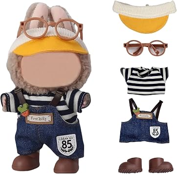 17cm Doll ClothesNO Doll, Cute Dolls Outfit Accessories with Hat + Glasses + Striped Top + Suspenders Pants + Shoes, Small Kawaii Clothes Set for DollsStyle 1