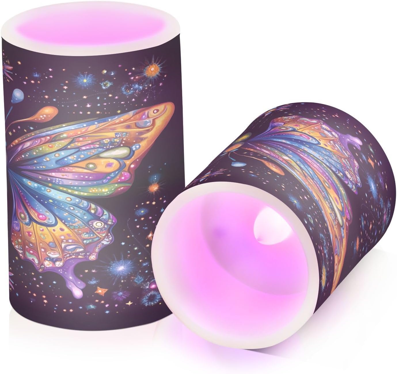ALAZA Multi Color Butterfly Star Flickering Flameless Candles Pillar Led Candles Battery Operated Candles with Remote and Timers Set of 2