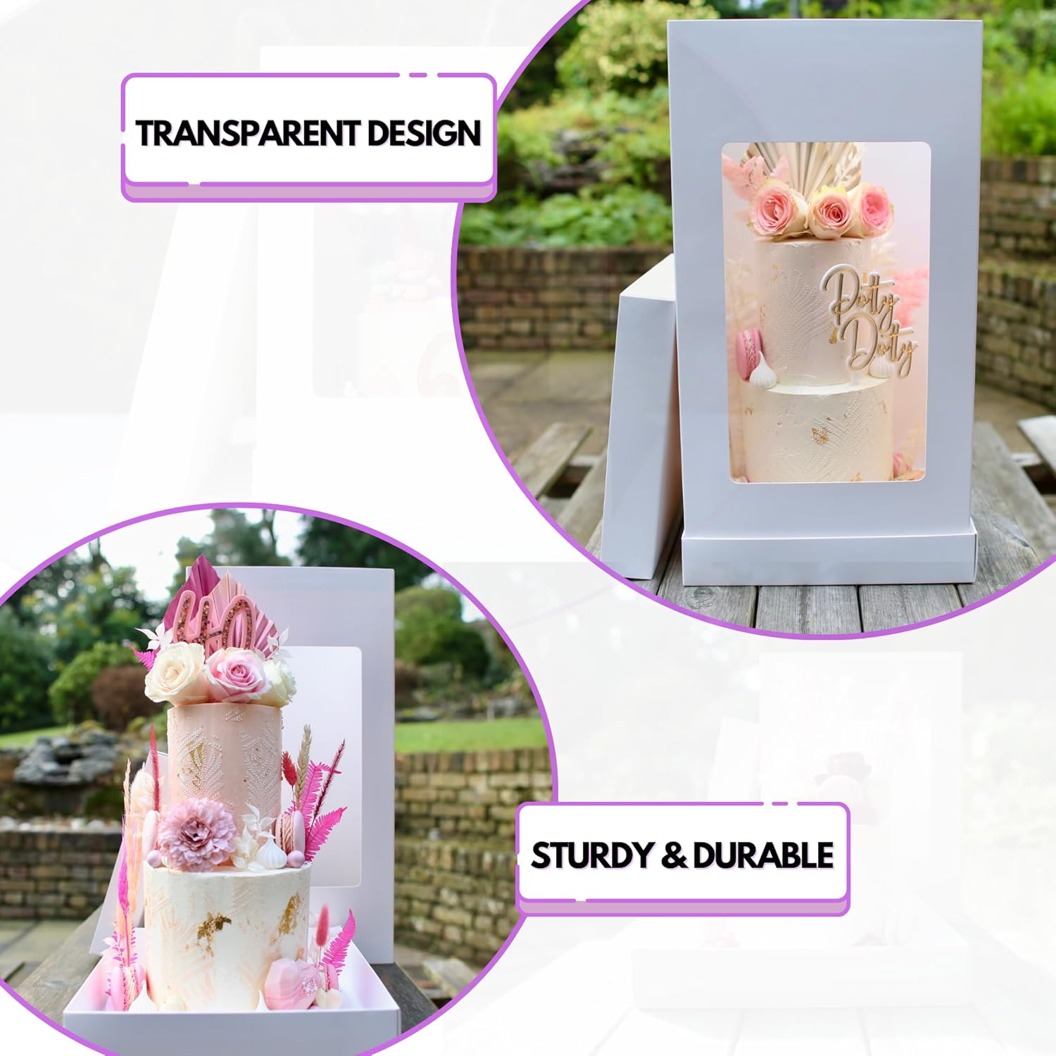 Olbaa Premium 8x8x14 inches White Square Boxes with Transparent Window - Deluxe Wedding Cake Boxes - Sturdy & Tall Cake Boxes - Multi-Layer Cake Carrier - Pack of 5