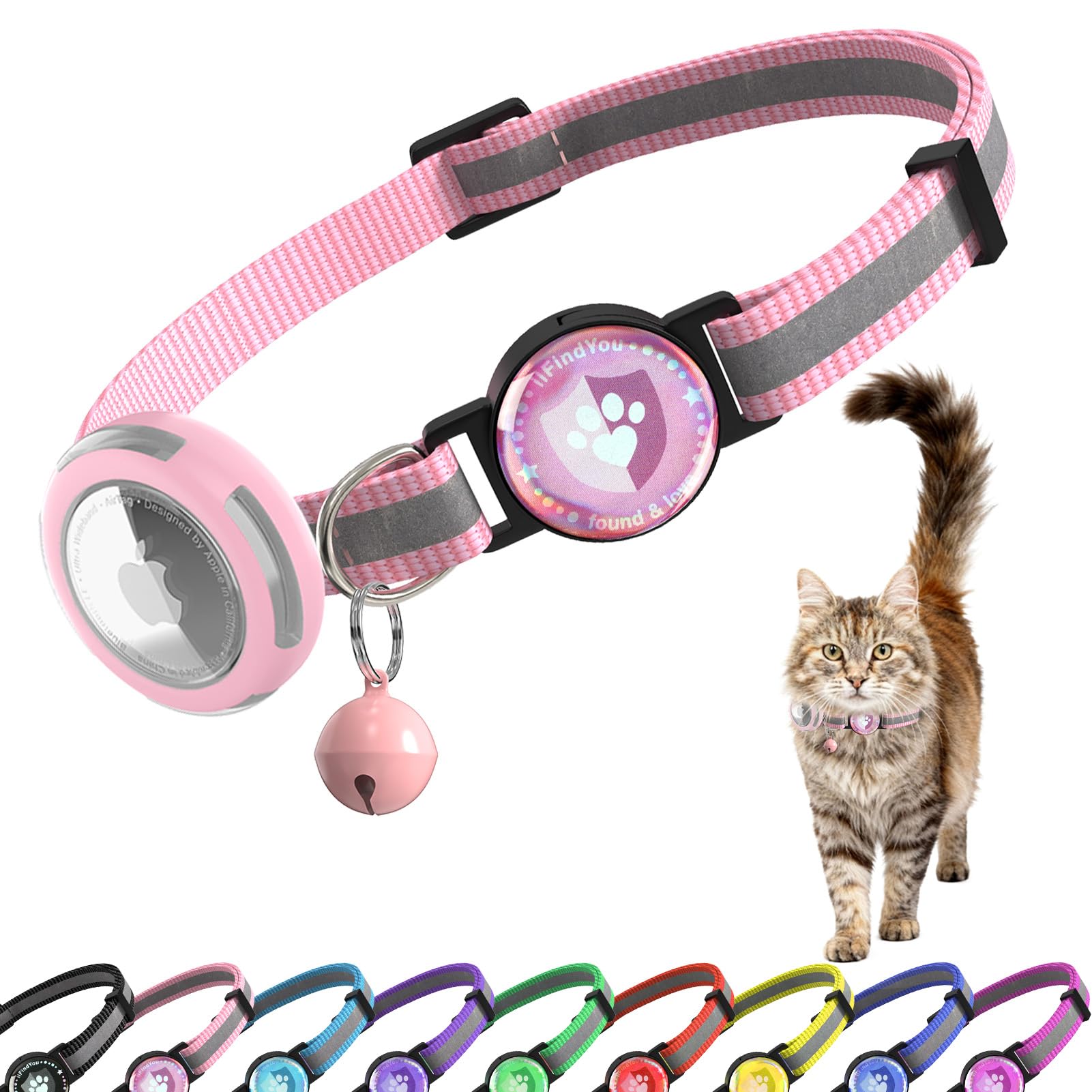 ilFindYou Airtag Cat Collar Breakaway, Reflective Cat Collars with Apple Airtag Holder, Adjustable Kitten Collar with Bells Pink