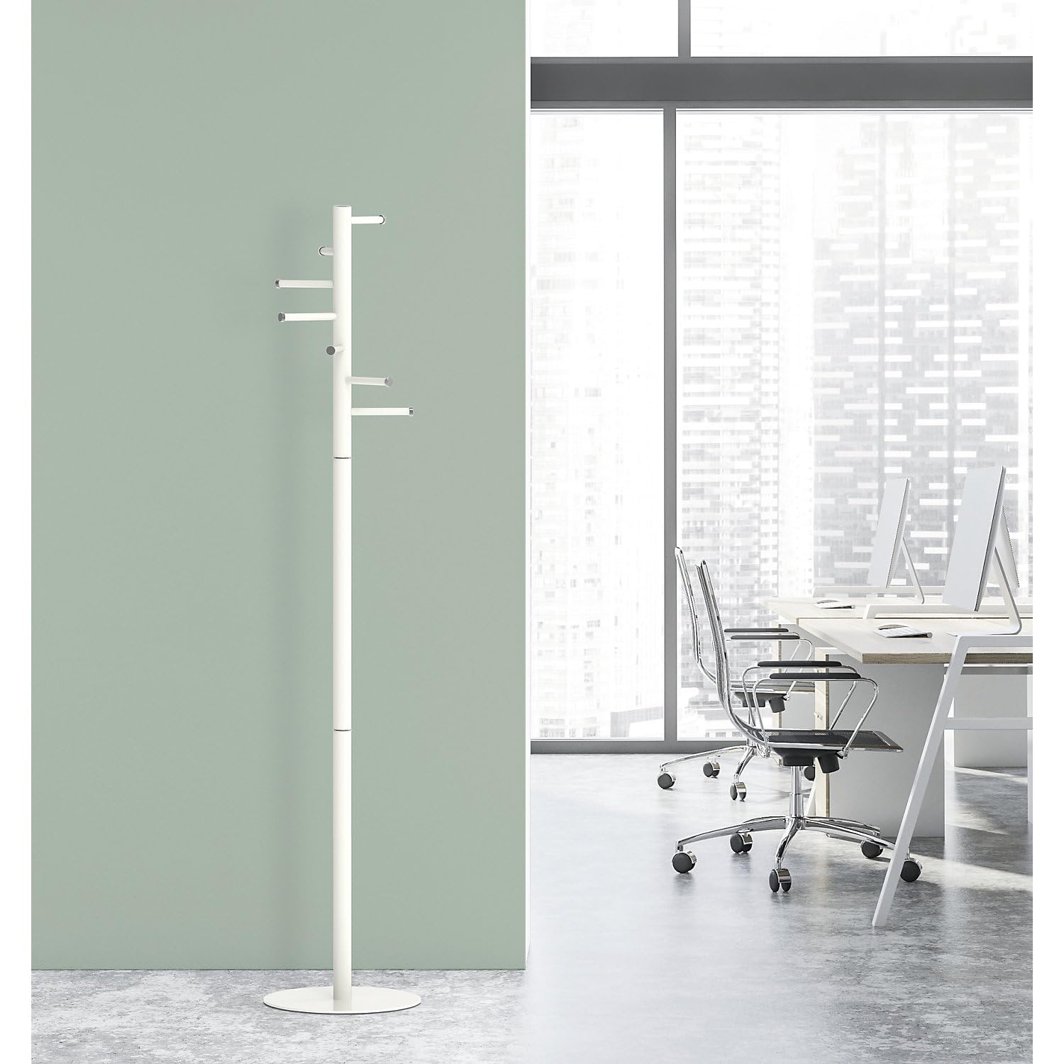 Maul Appendiabiti terra MAULcaurus 7 ganci bianco in acciaio stabile | ordine immediato in ufficio, design elegante, ingombro ridotto, piedini in feltro protettivi, montaggio semplice