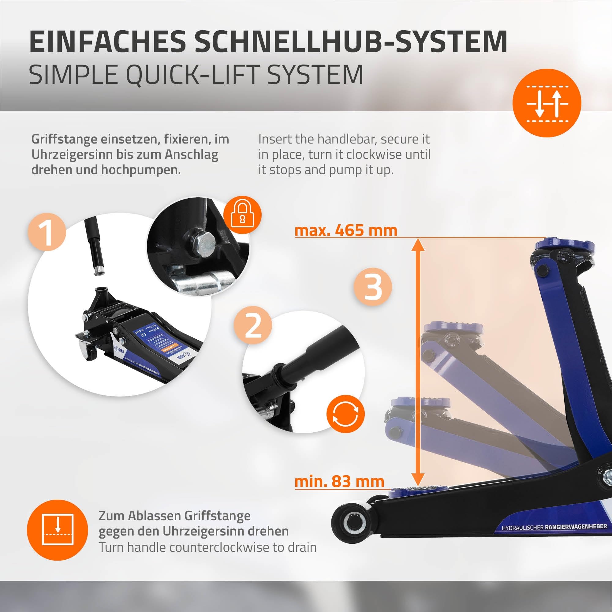ECD Germany Gato Hidráulico 3T 83-465 mm Elevación Plana con Almohadillas de Goma y Rodillos 360°