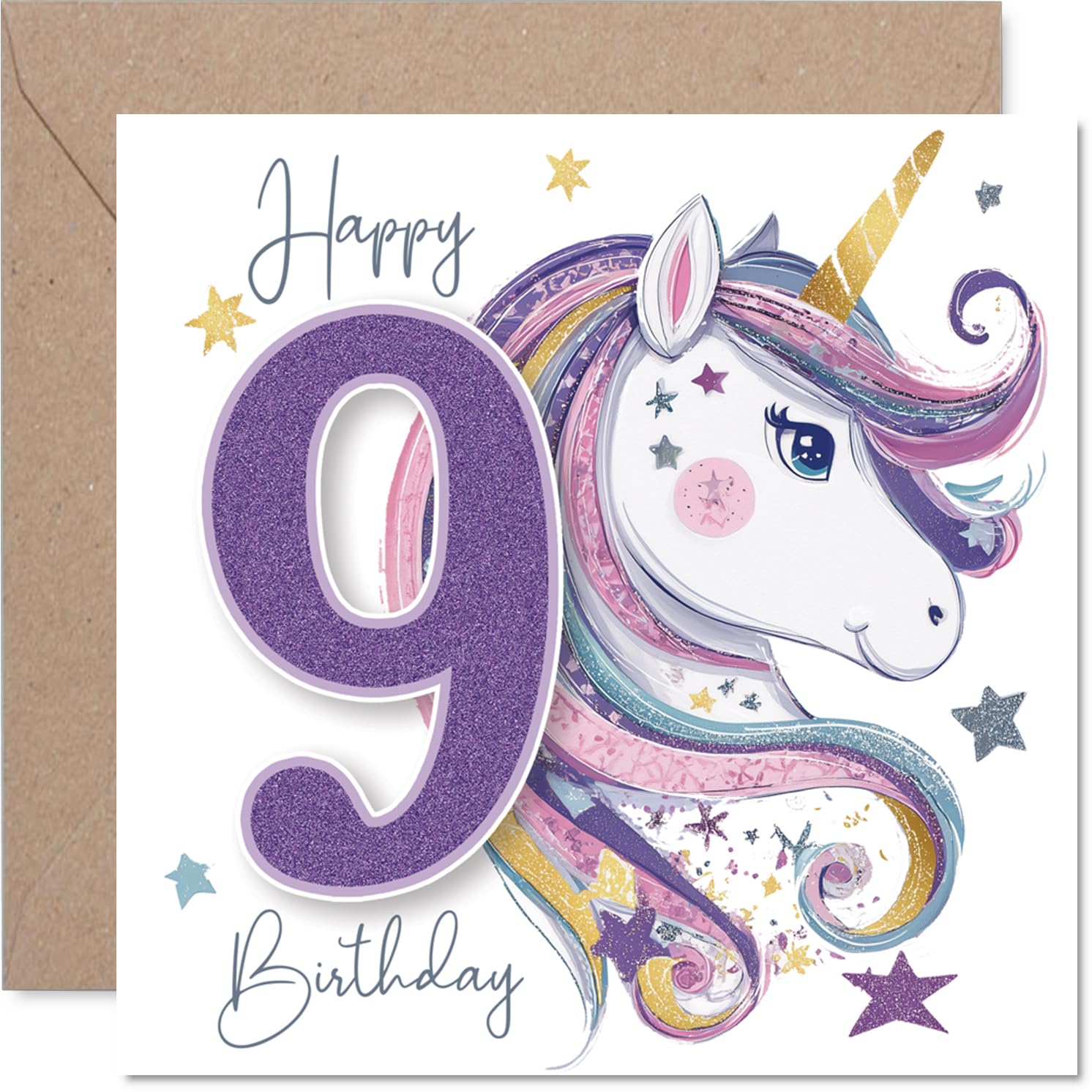 Playful 9th Birthday Card - Bursting with Birthday Magic - Whimsical Unicorn with Glittery 9 and Colourful Stars - Sure to Delight Any Unicorn Fan - 145mm Square, Envelope Included